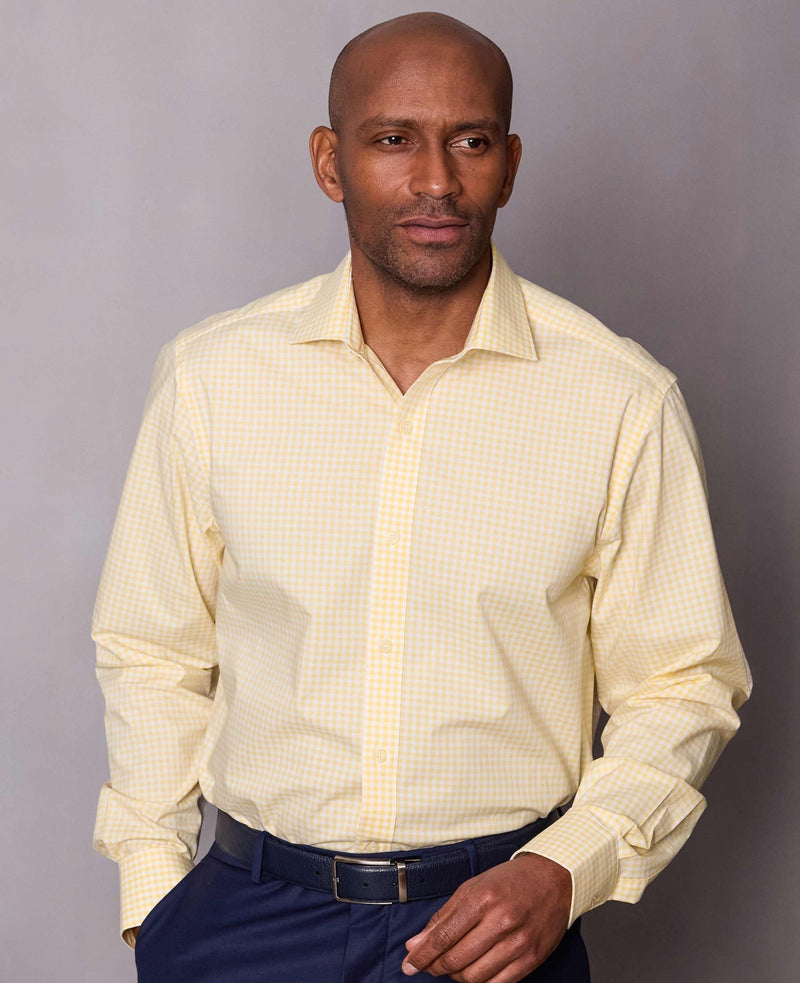 SavileRowCompany Gingham Shirts for Men 3 yellow cotton poplin gingham check classic fit formal shirt single cuff 1544sun model image 1