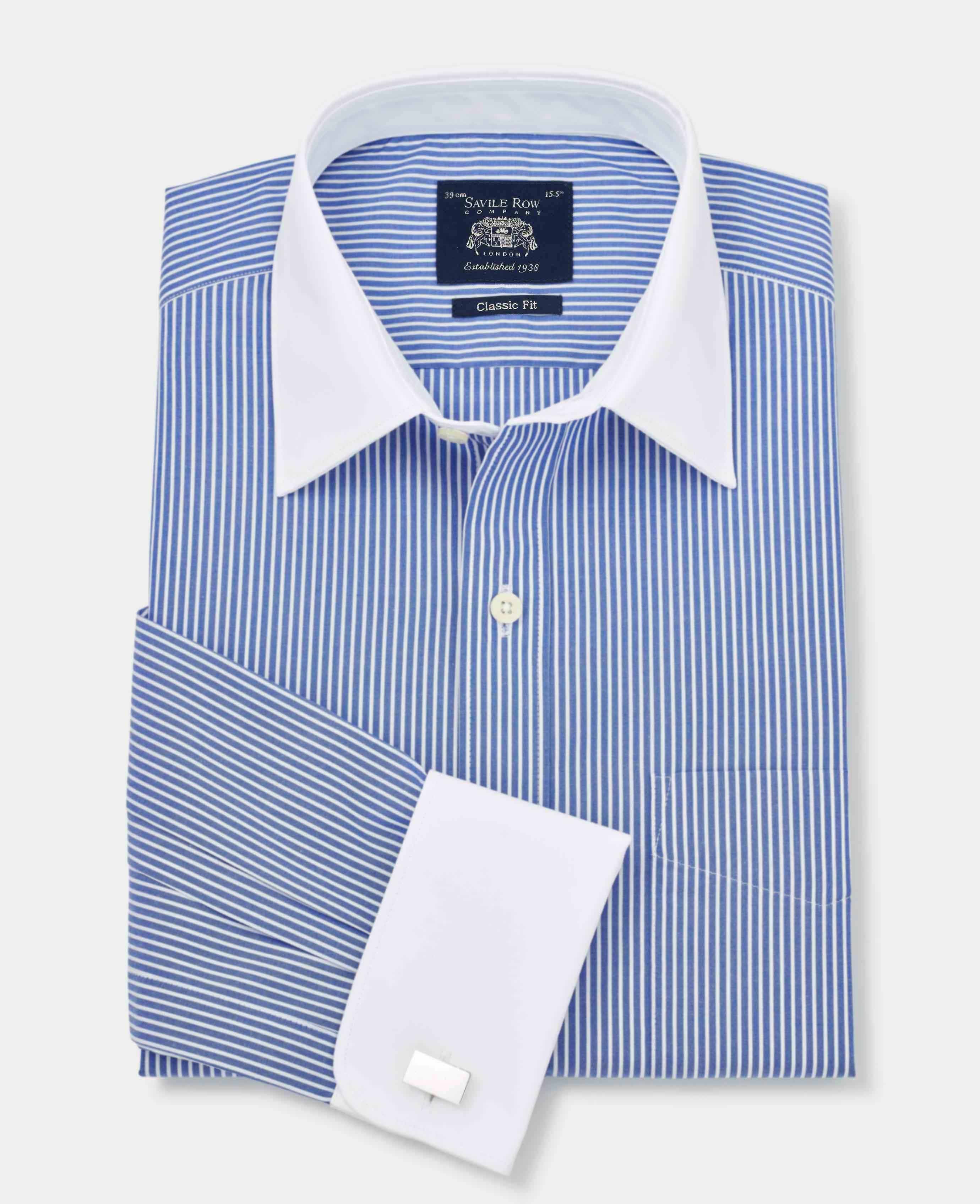 Men’s blue and white stripe shirt with white collar & cuffs | Savile Row Co