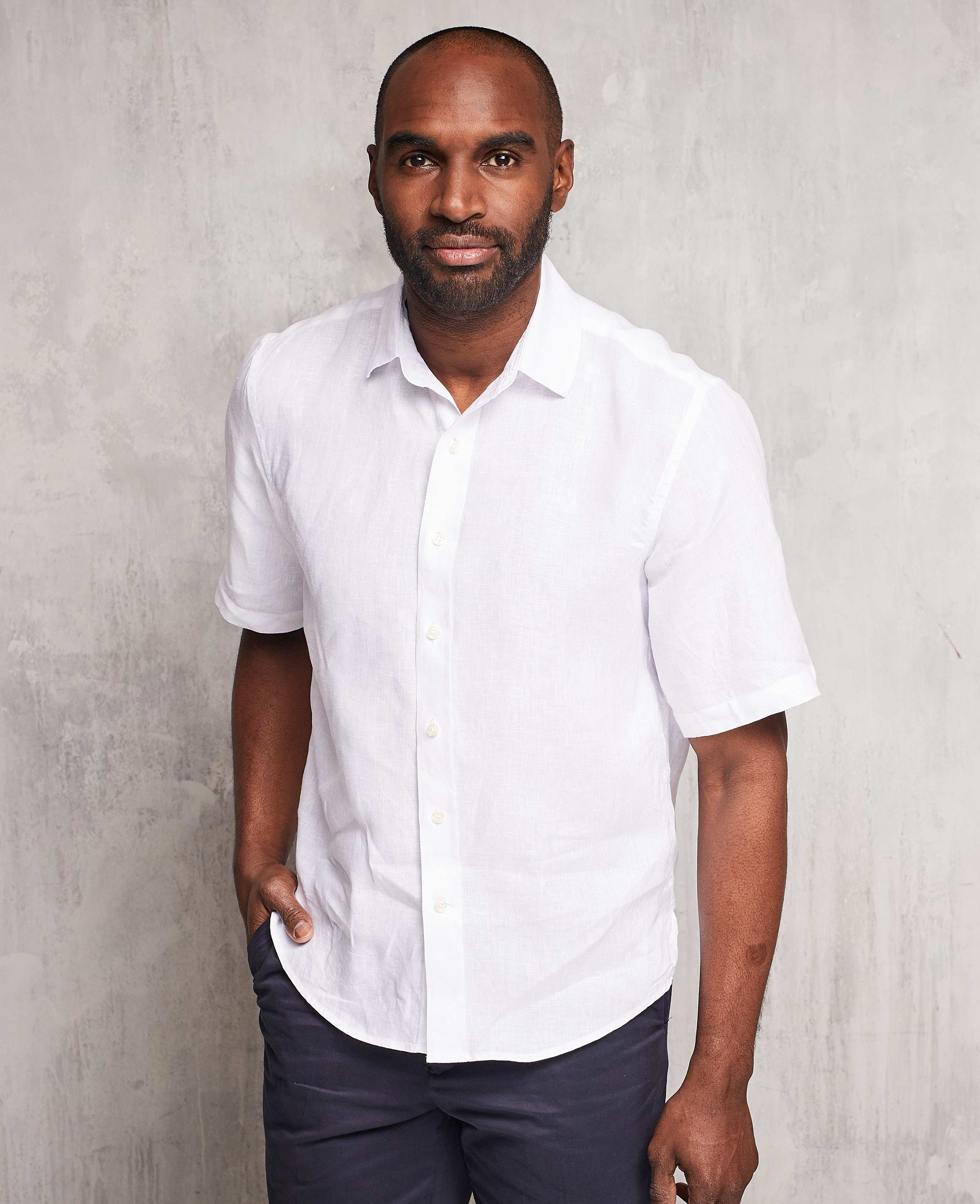 Men's White 100% Linen Short Sleeve Casual Shirt In Shorter Length ...
