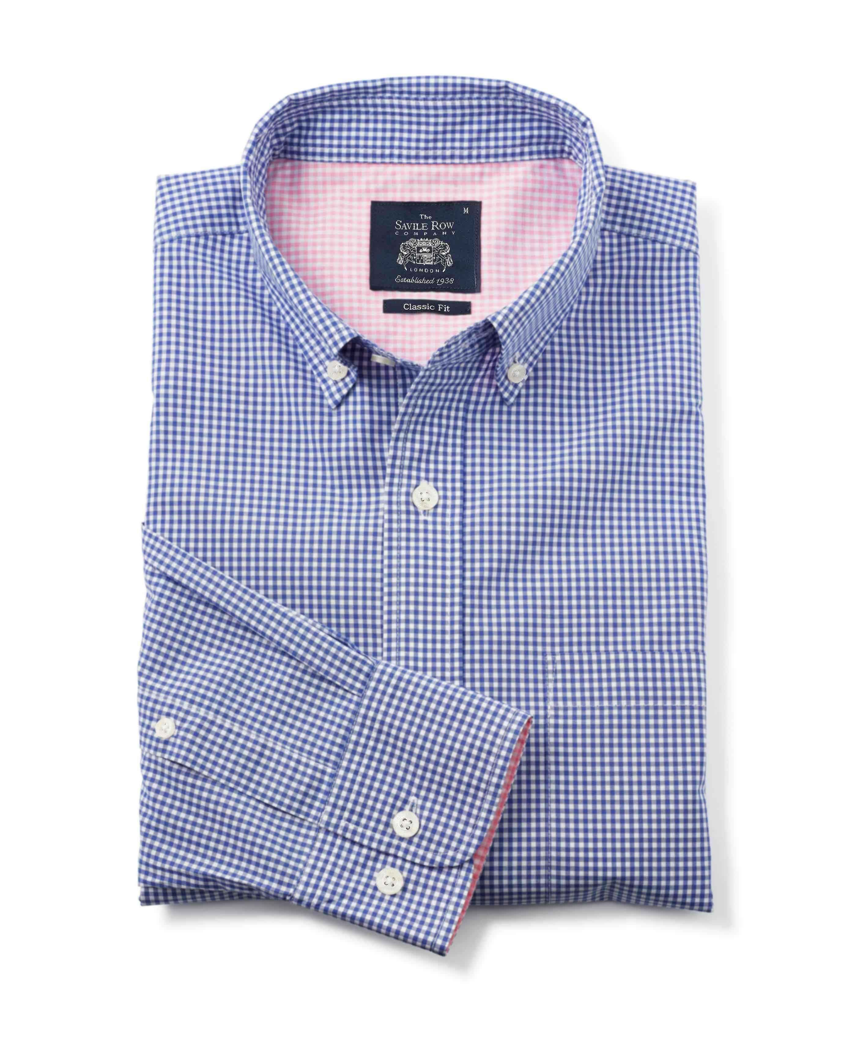 Men's Blue Gingham Check Classic Fit Casual Shirt | Savile Row Co