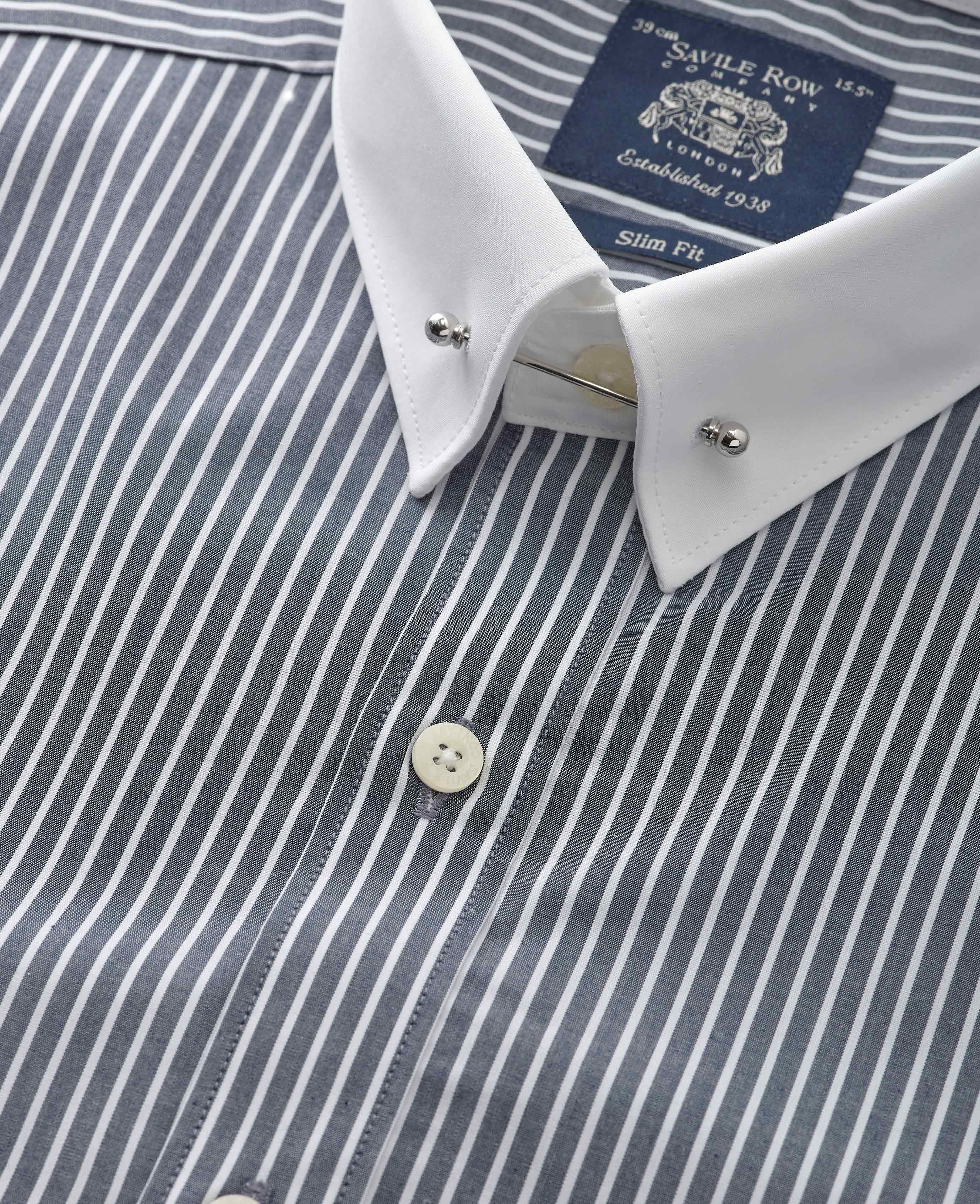 Men's Contrast Pin Collar Shirt in Navy Stripe | Savile Row Co