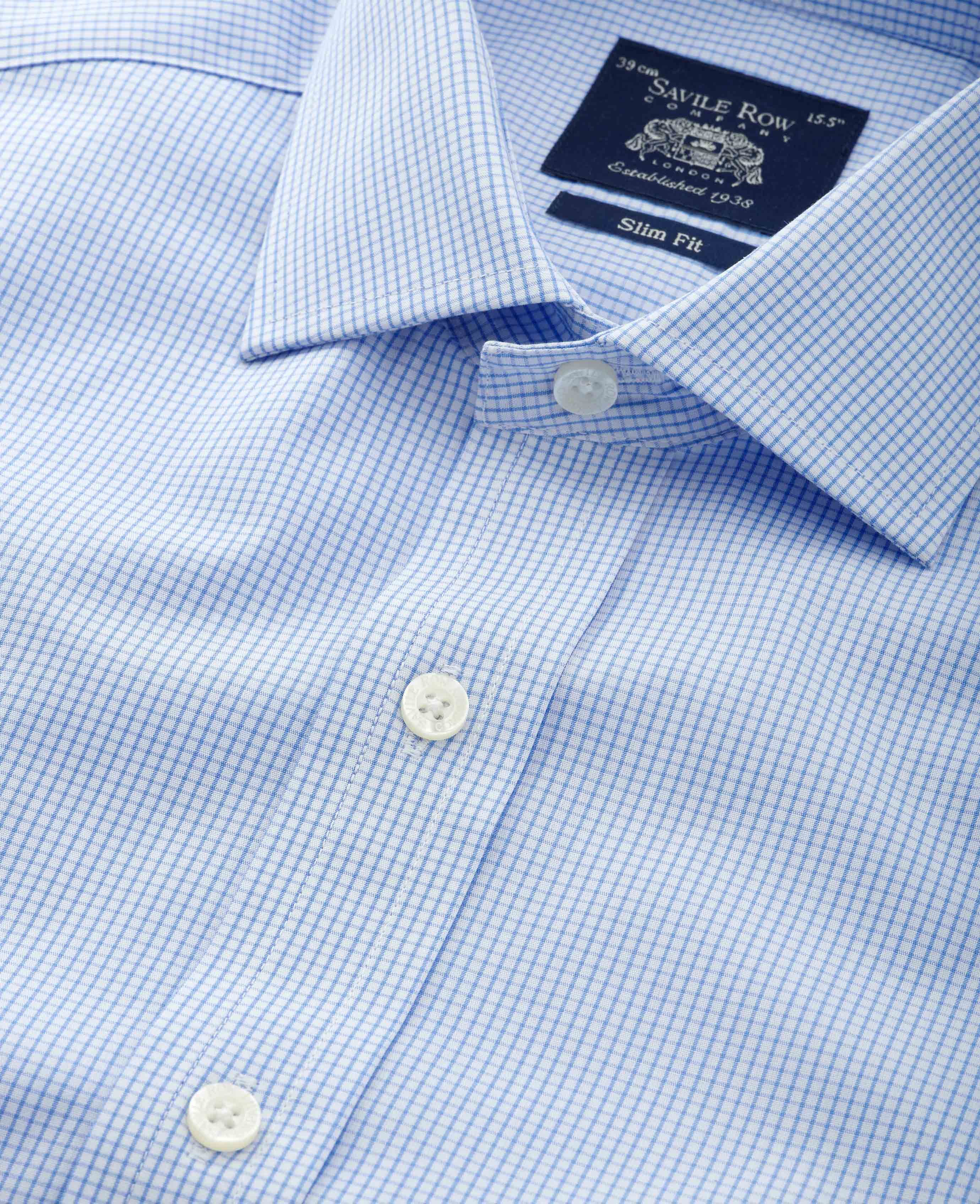 Men's Blue Check Slim Fit Formal Shirt With Single Cuffs | Savile Row Co