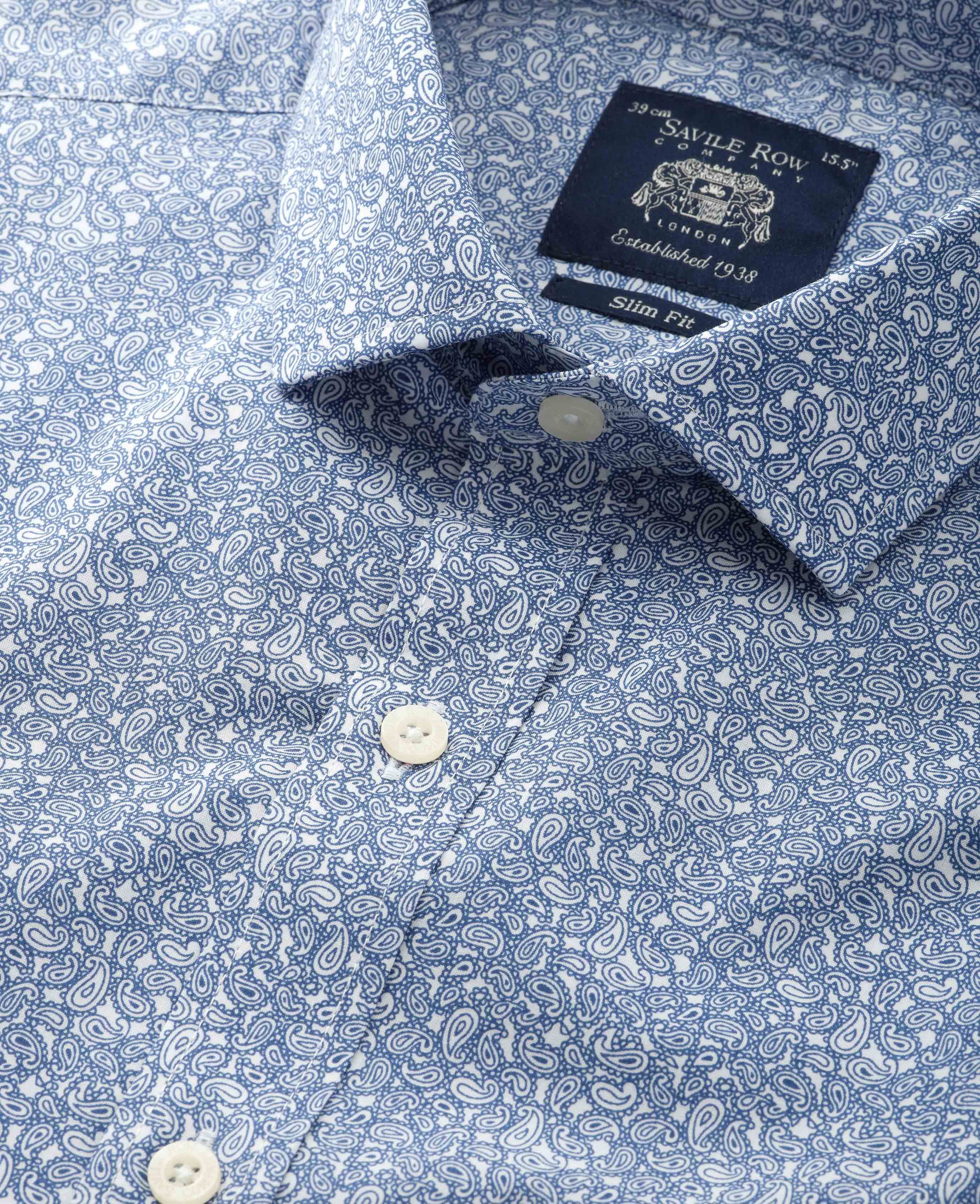 Men's Navy Paisley Slim Fit Printed Formal Shirt With Single Cuffs ...