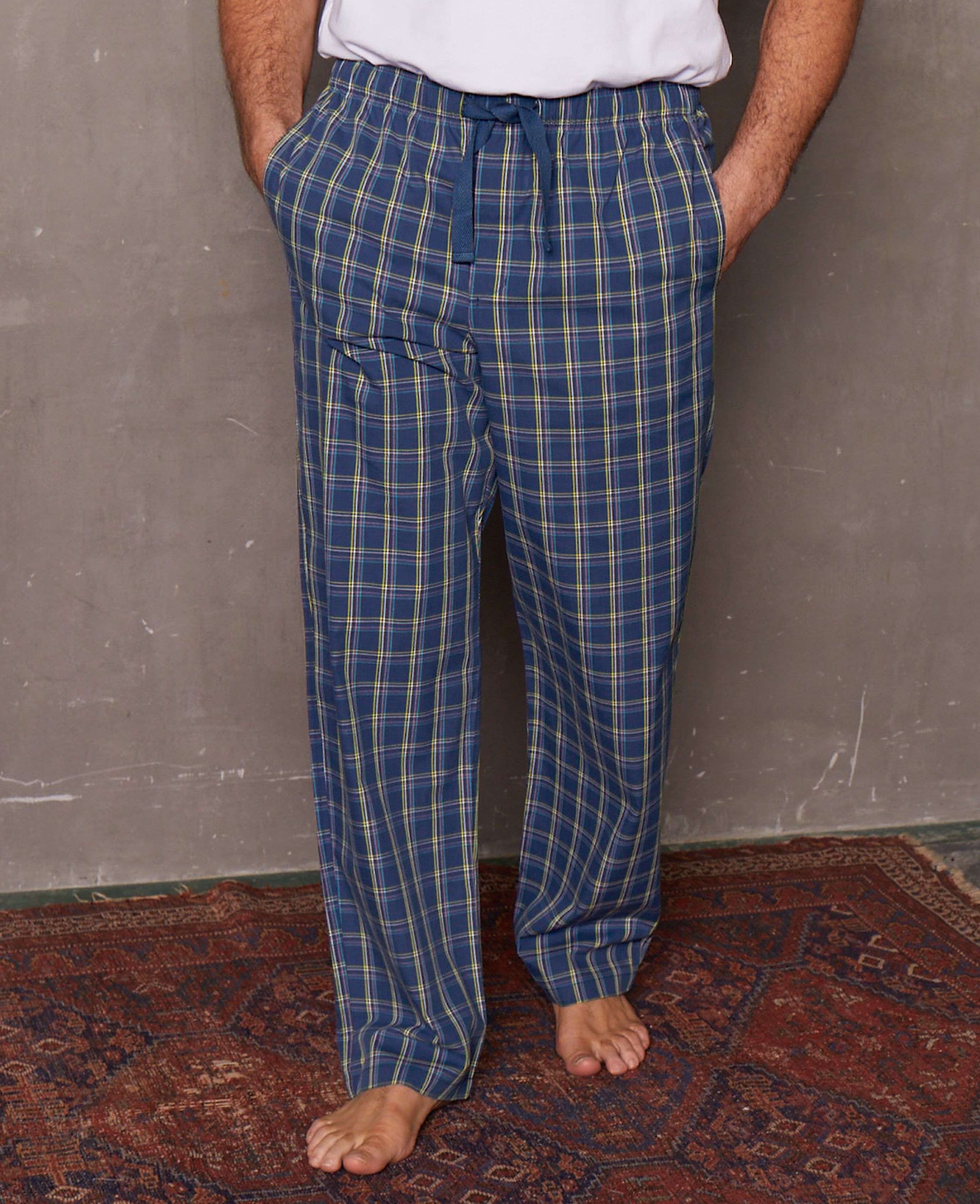 Men’s Organic Cotton Lounge Pants in Blue Check | Savile Row Co