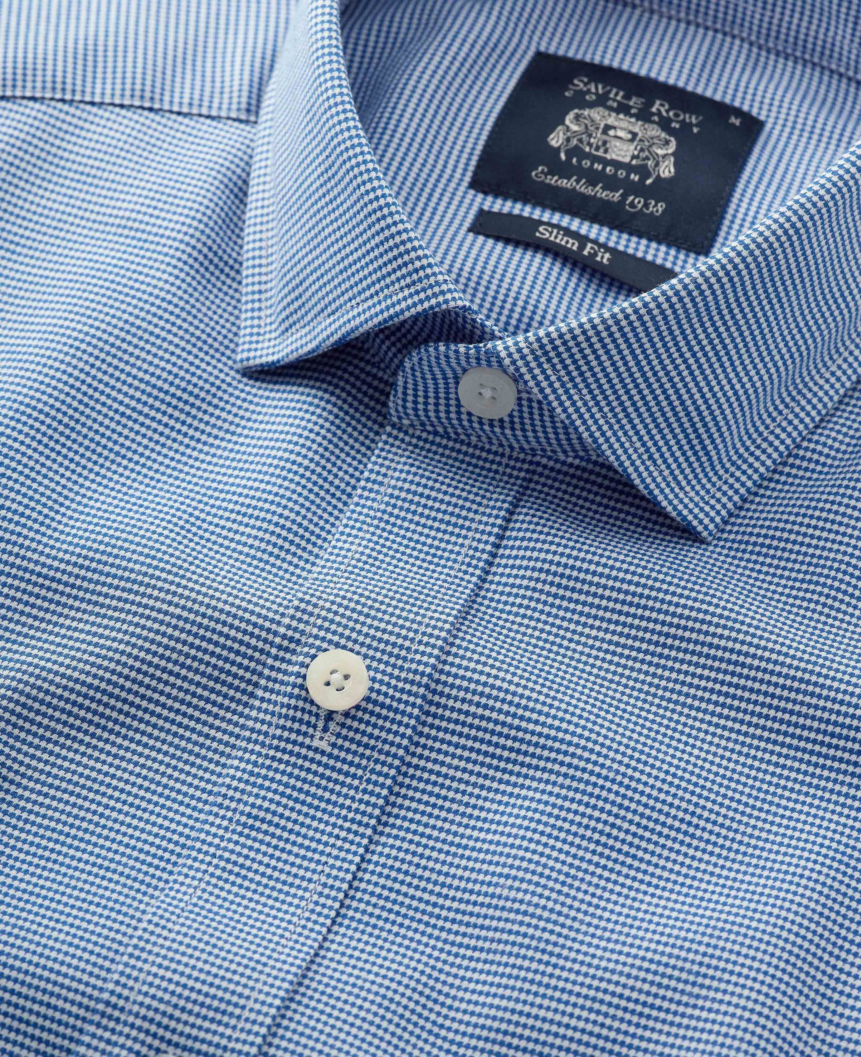 Men’s Smart Casual Stretch Shirt in Blue Puppytooth | Savile Row Co
