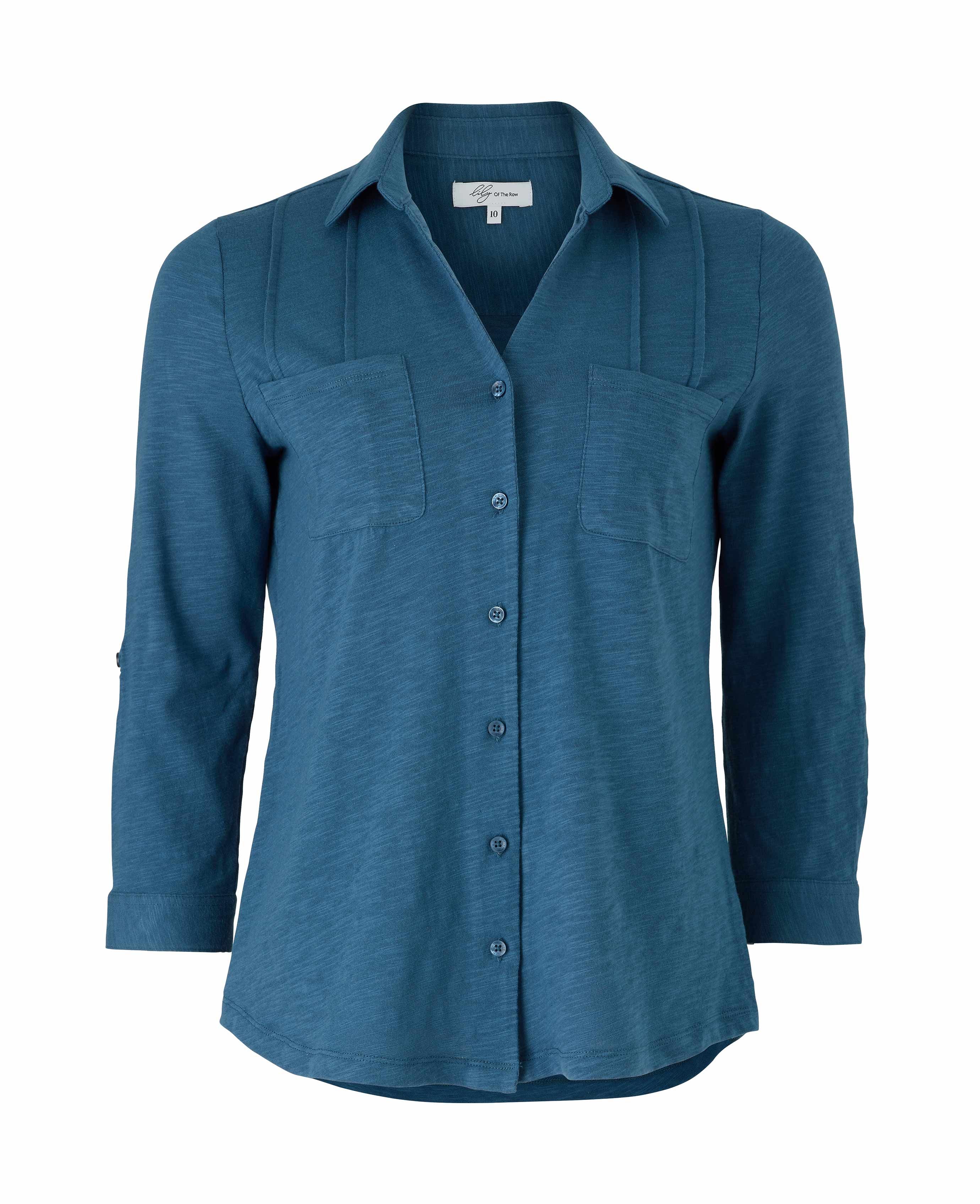 Women's Blue Slub Cotton 3/4 Sleeve Shirt | Savile Row Co