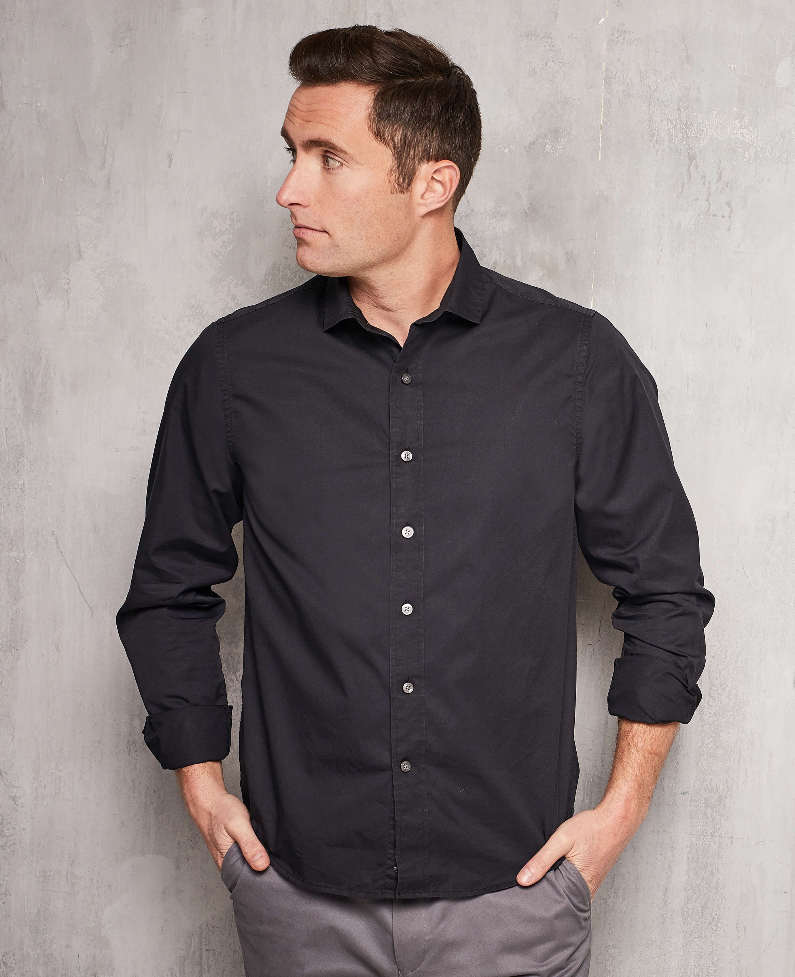 Men's Black Twill Slim Fit Casual Casual Shirt in Shorter Length ...