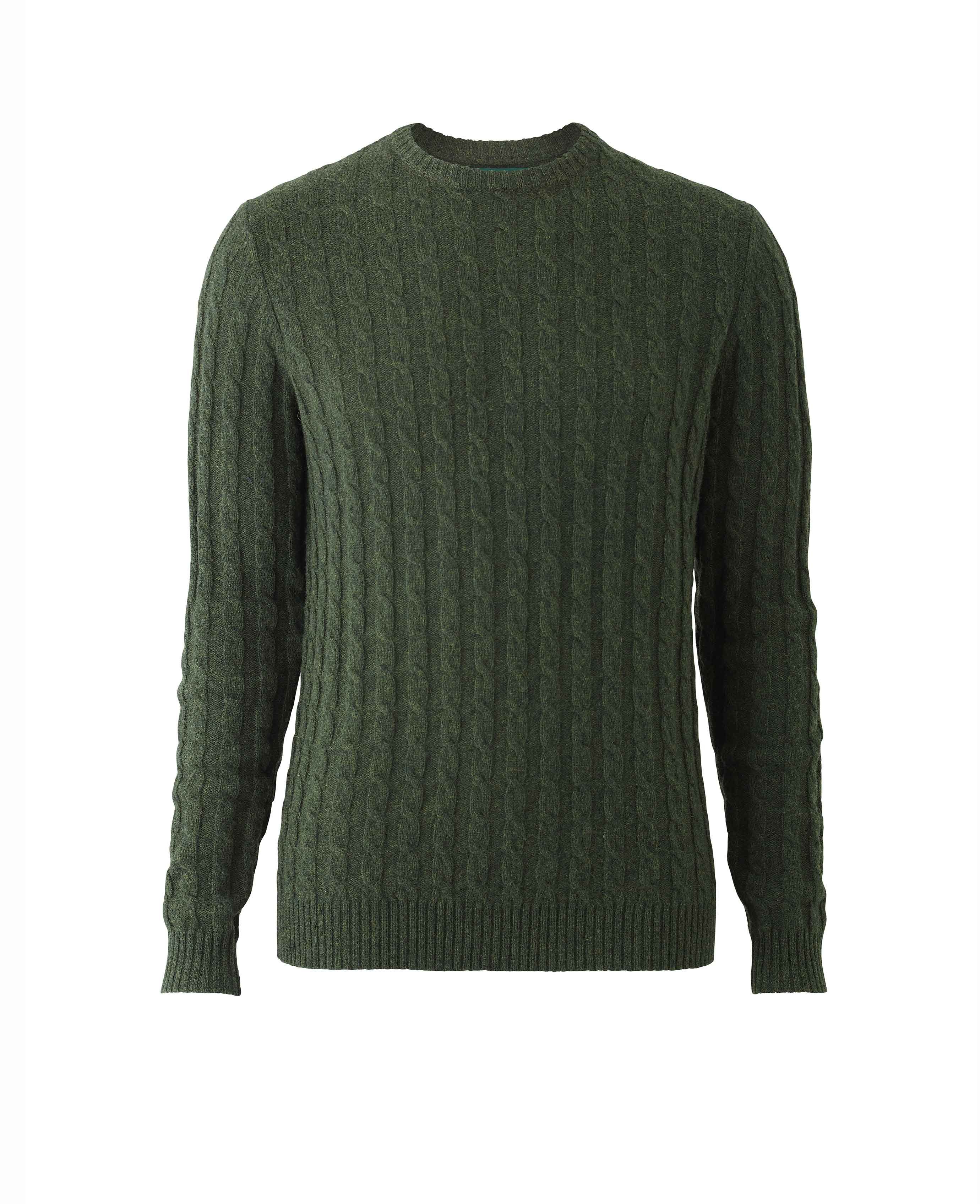 Mens Green Lambswool Blend Cable Knit Jumper | Savile Row Co