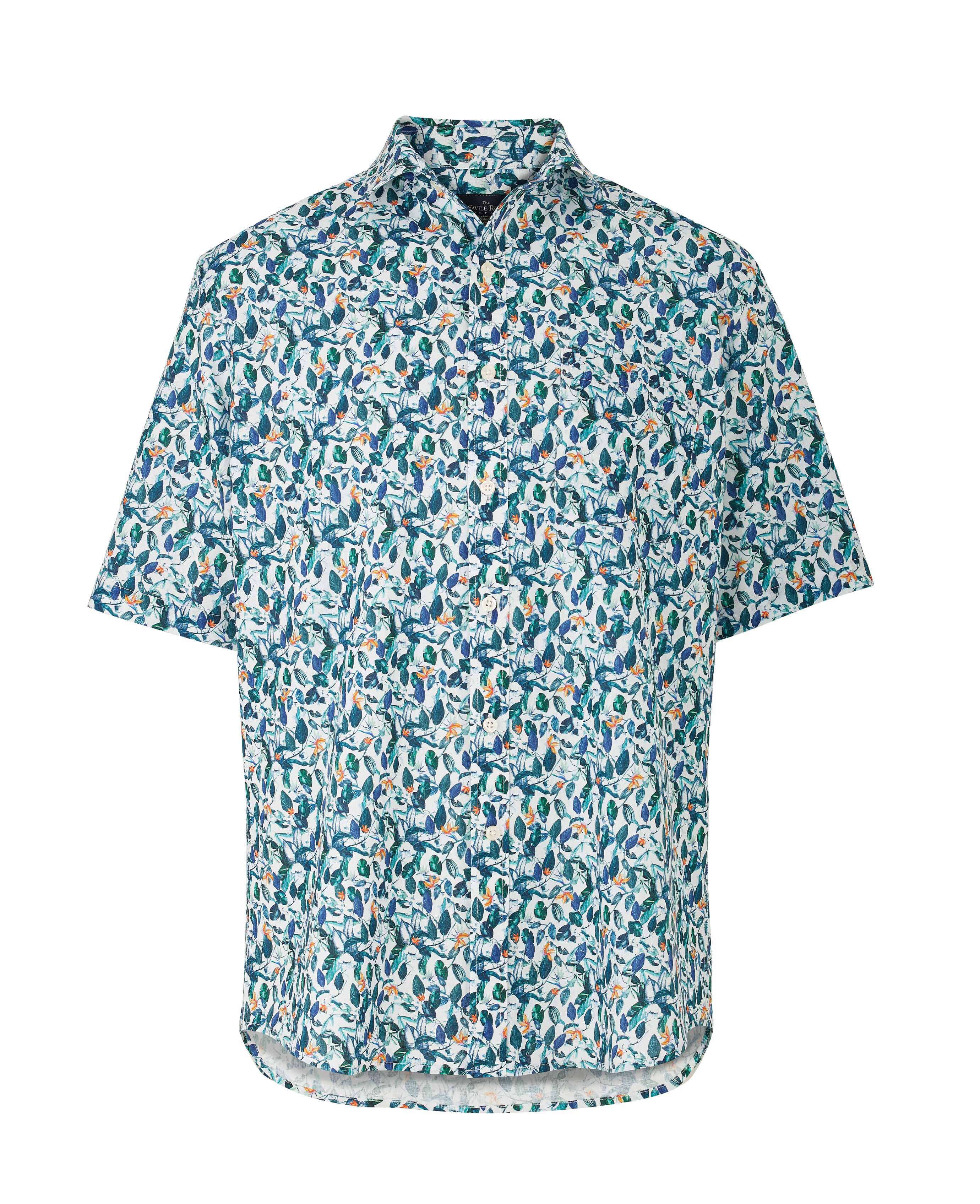 Men's floral print linen/cotton blend short sleeve shirt