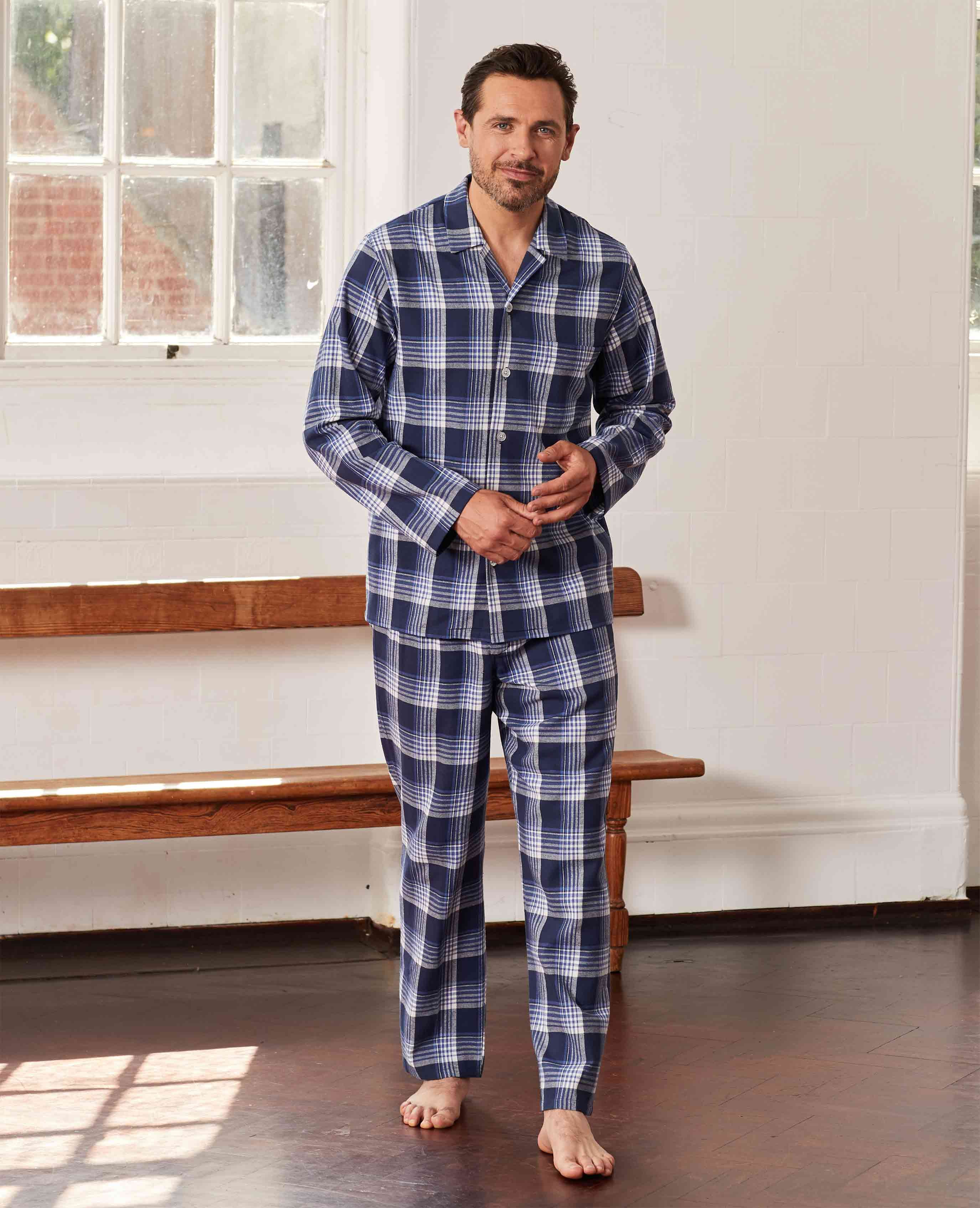Mens Navy Check Brushed Cotton Pyjamas | Savile Row Co