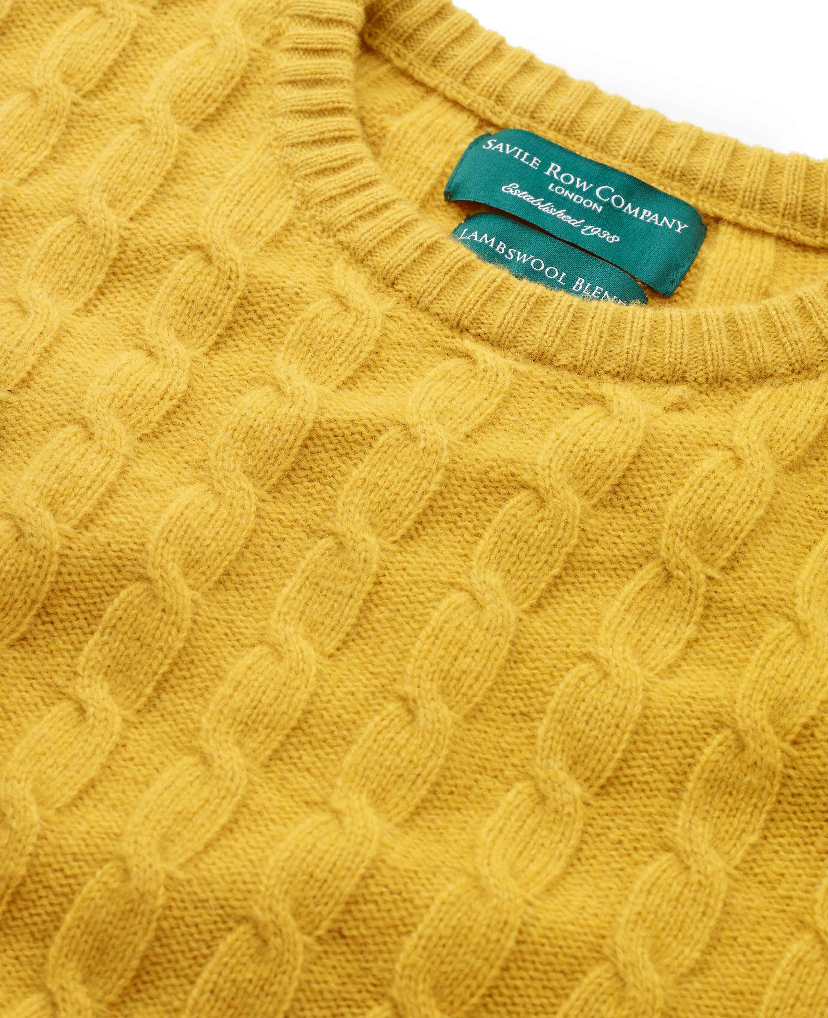 Mens Mustard Lambswool Blend Cable Knit Jumper | Savile Row Co