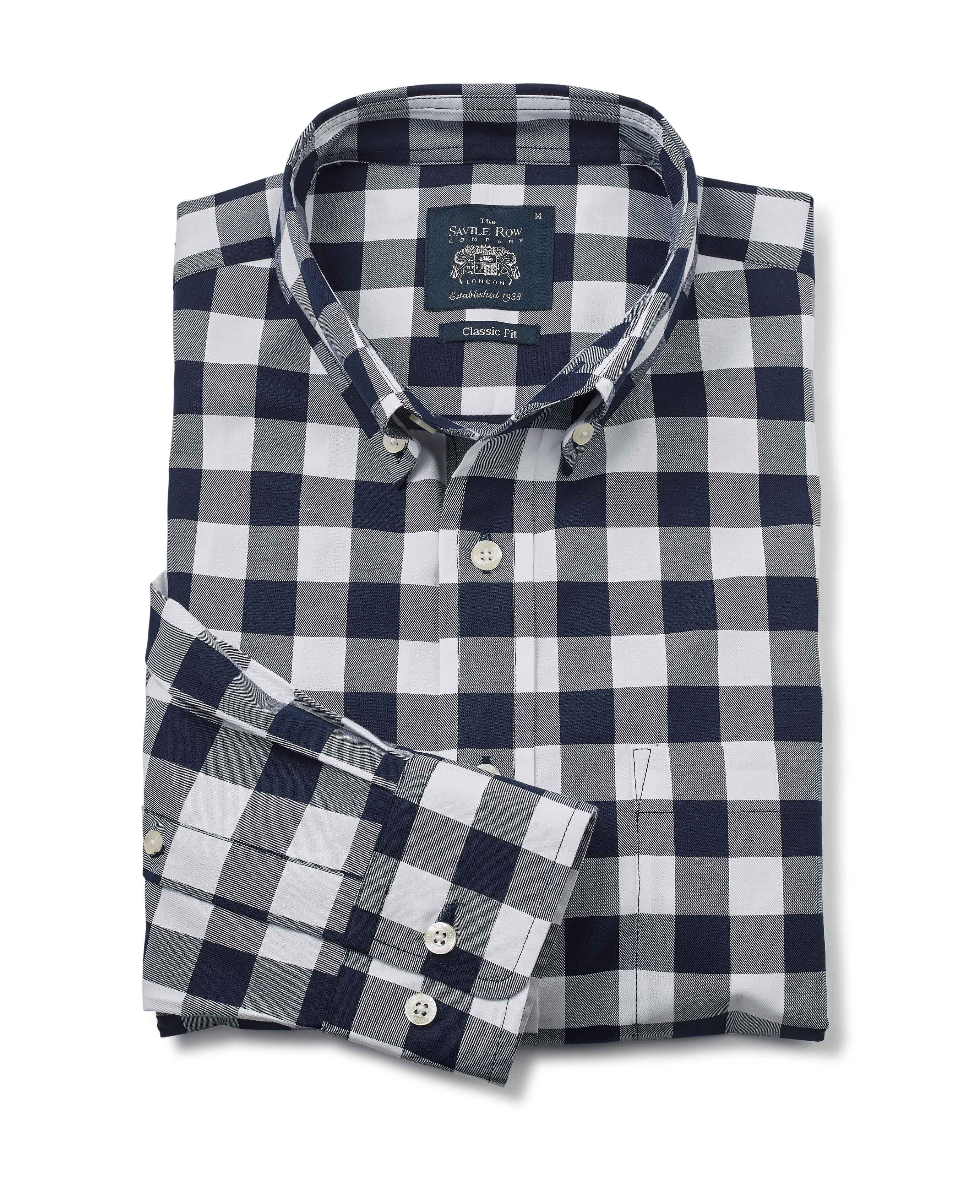 Men's Navy White Bold Check Button-Down Casual Shirt | Savile Row Co