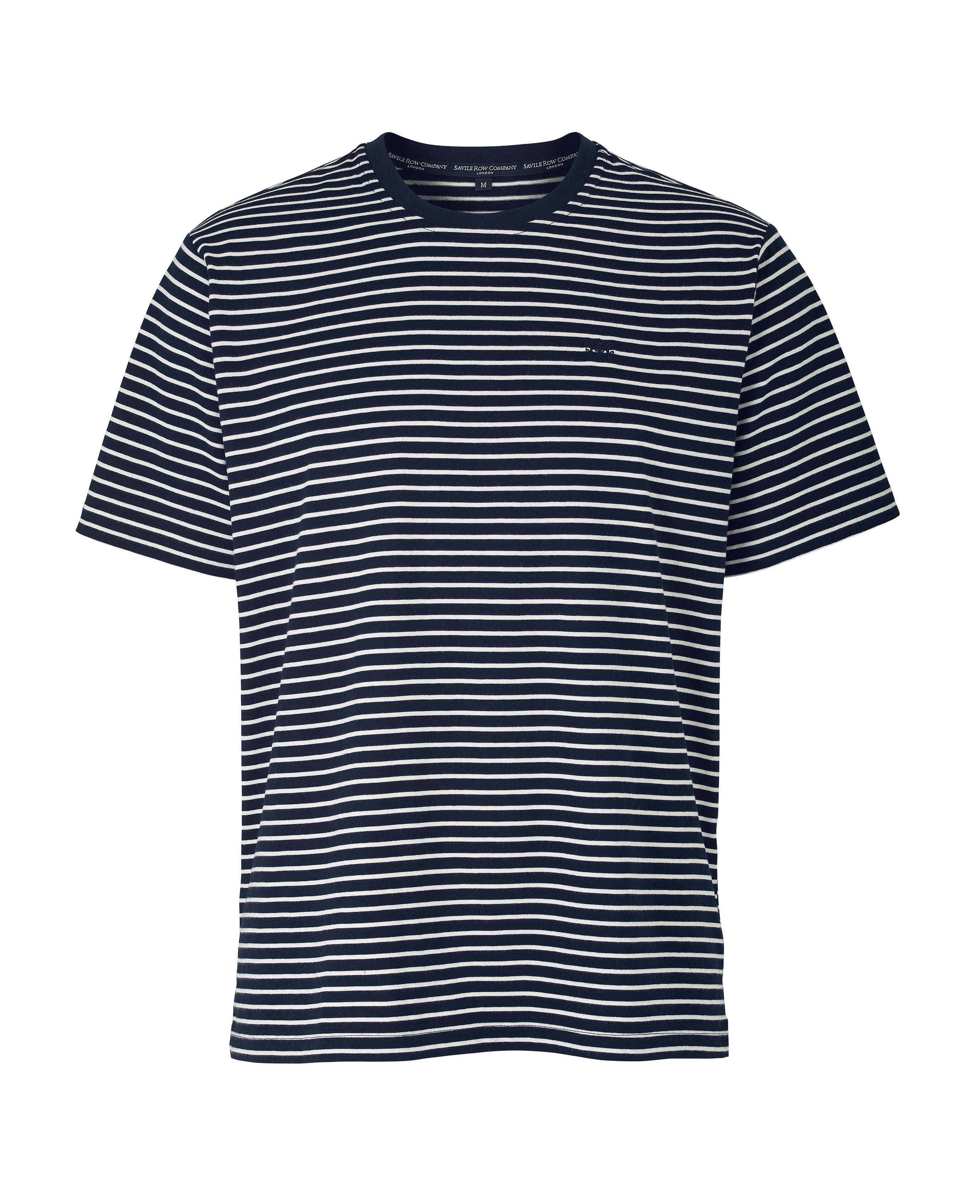 Men's Navy White Striped Cotton Jersey Crew Neck T-Shirt | Savile Row Co