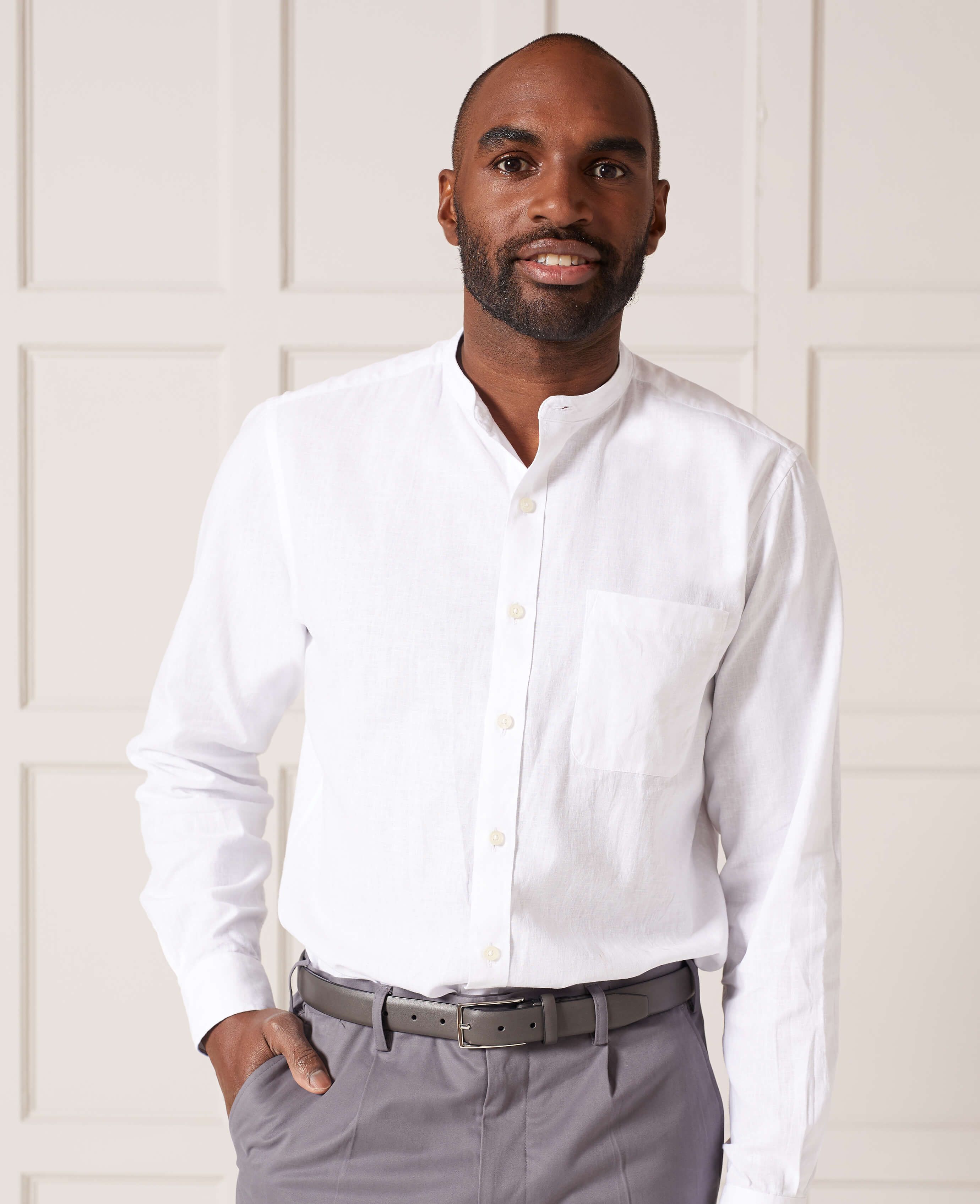 Men's white linen/cotton blend grandad collar shirt