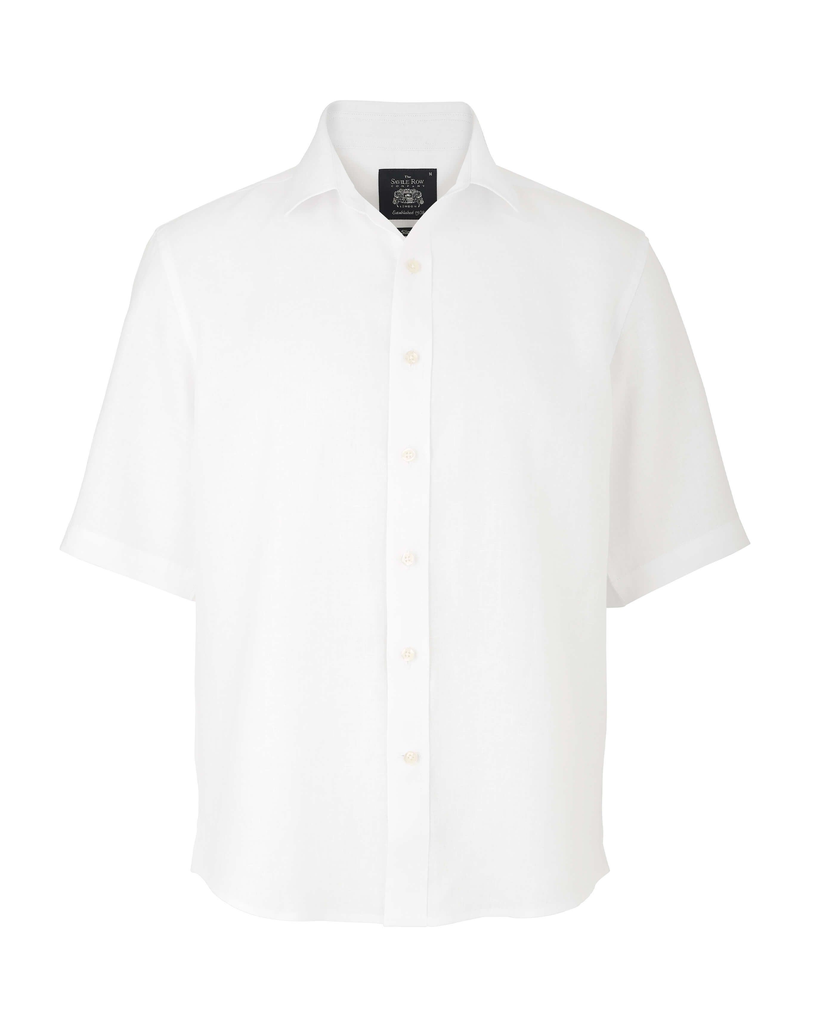 Men’s white 100% linen short sleeve shirt in shorter length | Savile Row Co