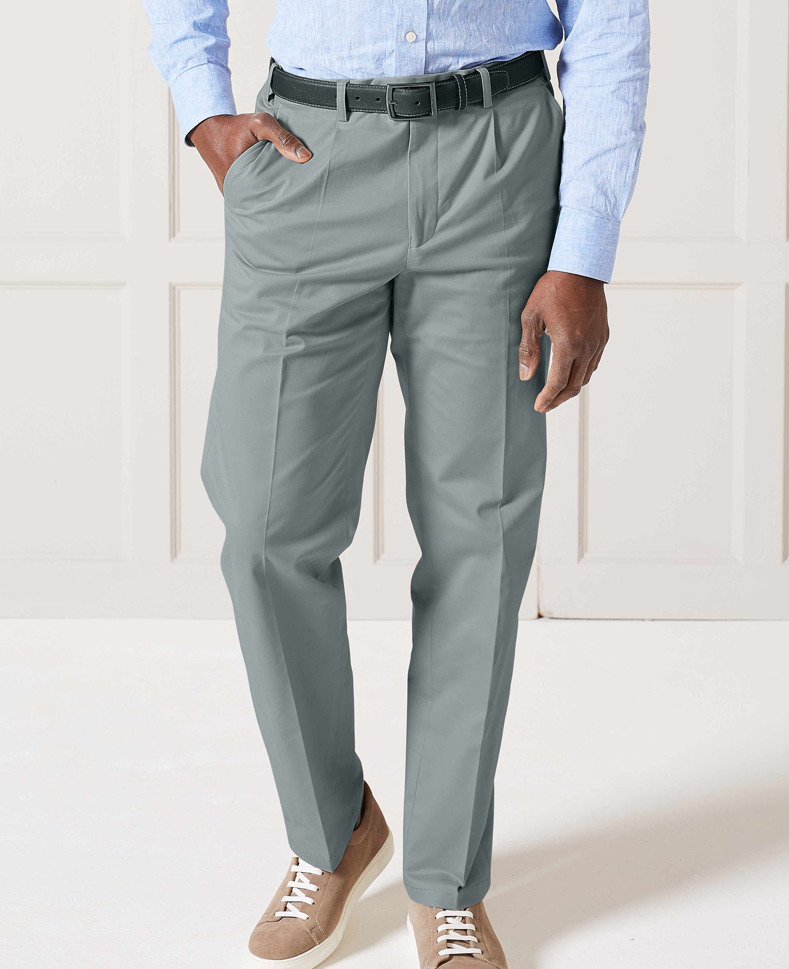 Men's Grey Pleat Front Stretch Cotton Classic Fit Chinos | Savile Row Co