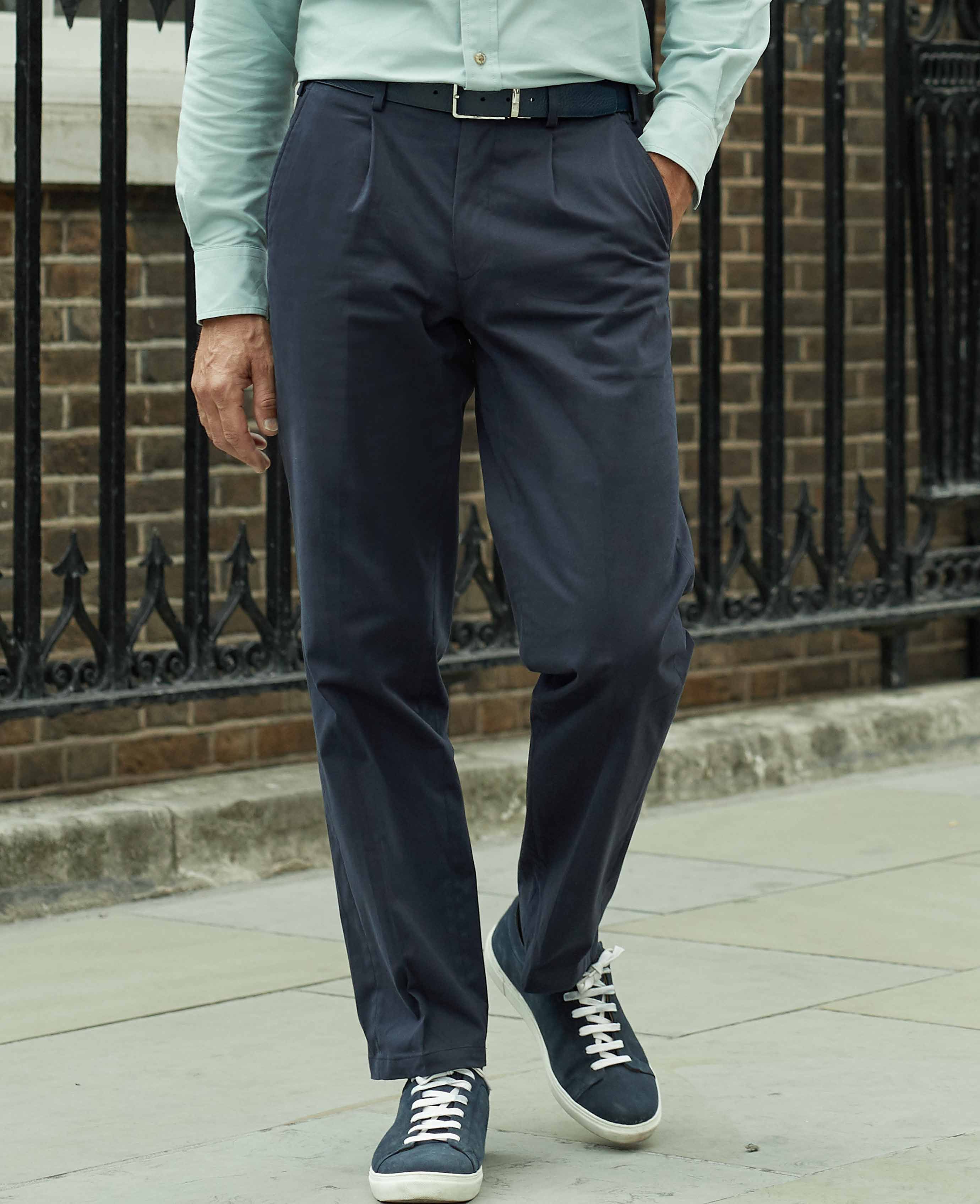Smoked Navy Stretch Cotton Classic Fit Pleat Front Chinos