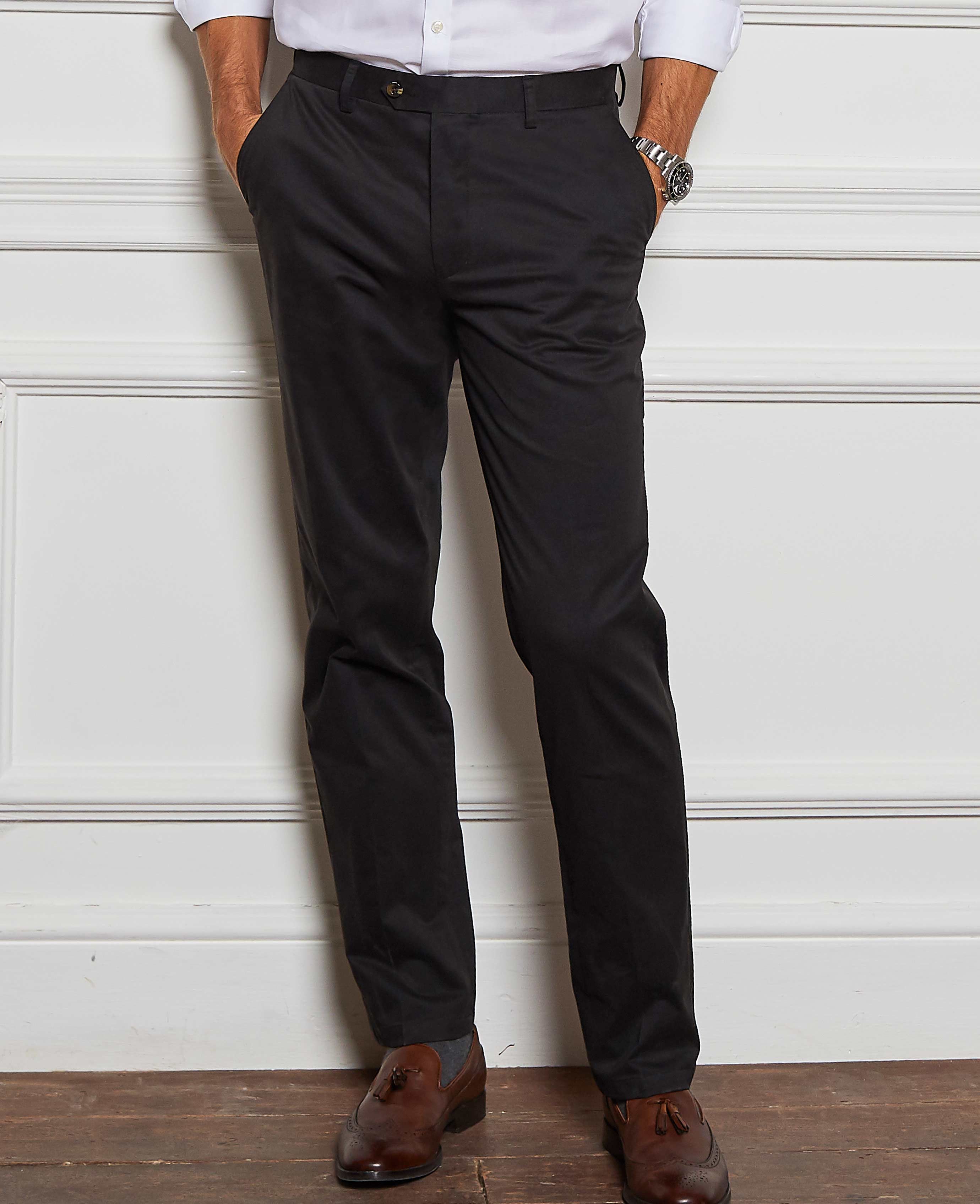 Men's Black Flat Front Stretch Cotton Slim Fit Chinos | Savile Row Co
