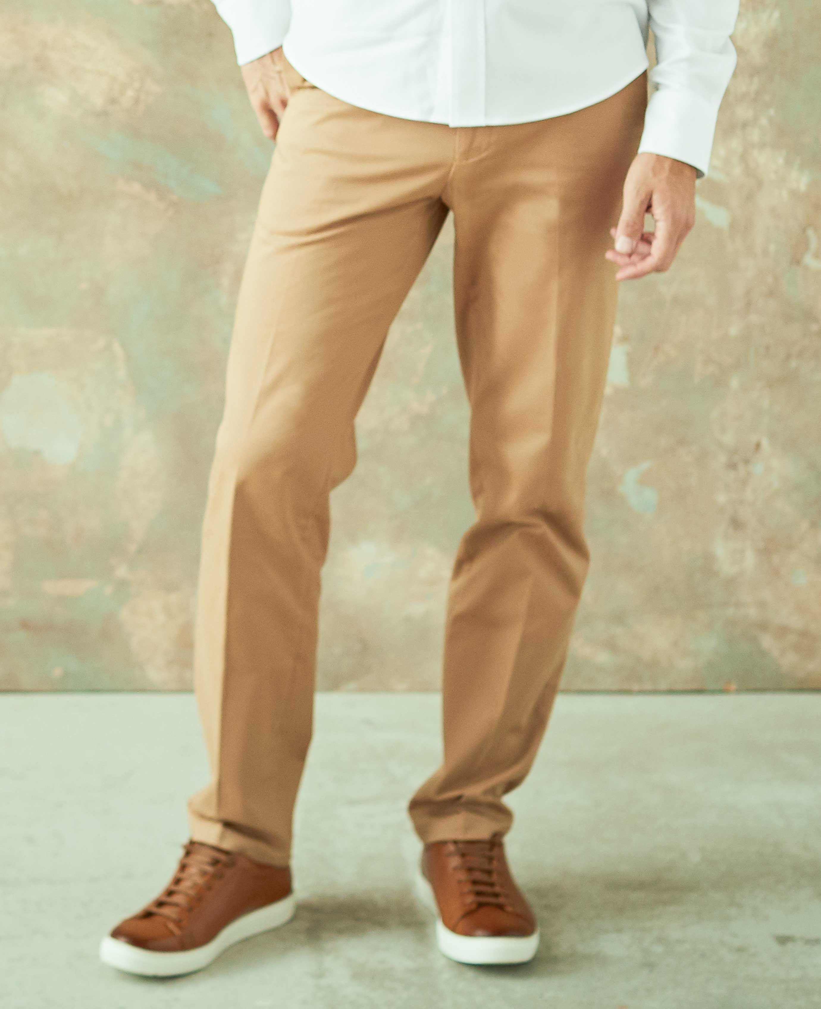Men's Tan Flat Front Stretch Cotton Slim Fit Chinos