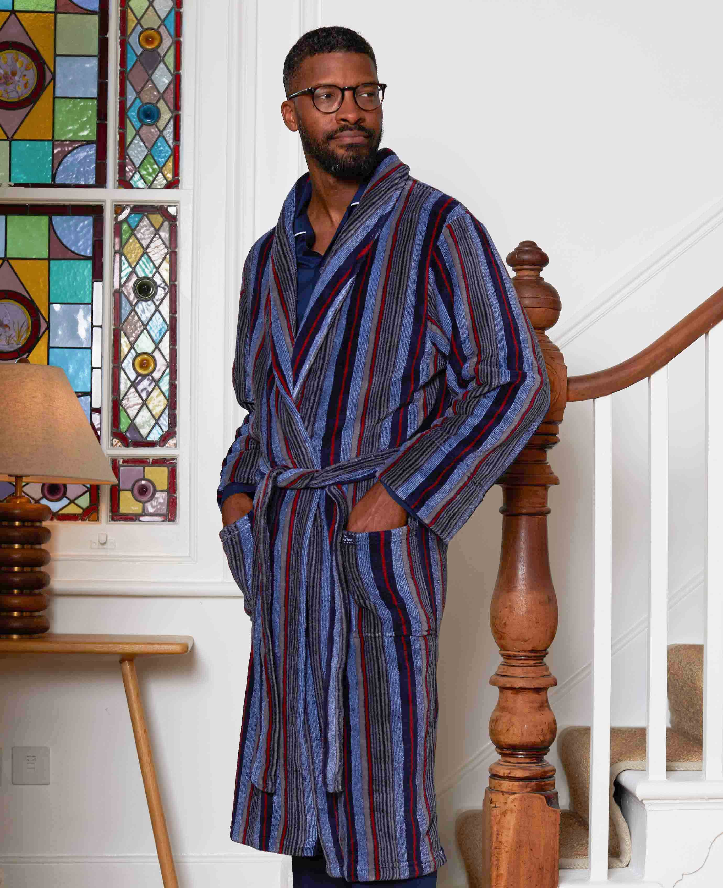 Mens Fleece Dressing Gown In NavyRed Stripe  Savile Row Co