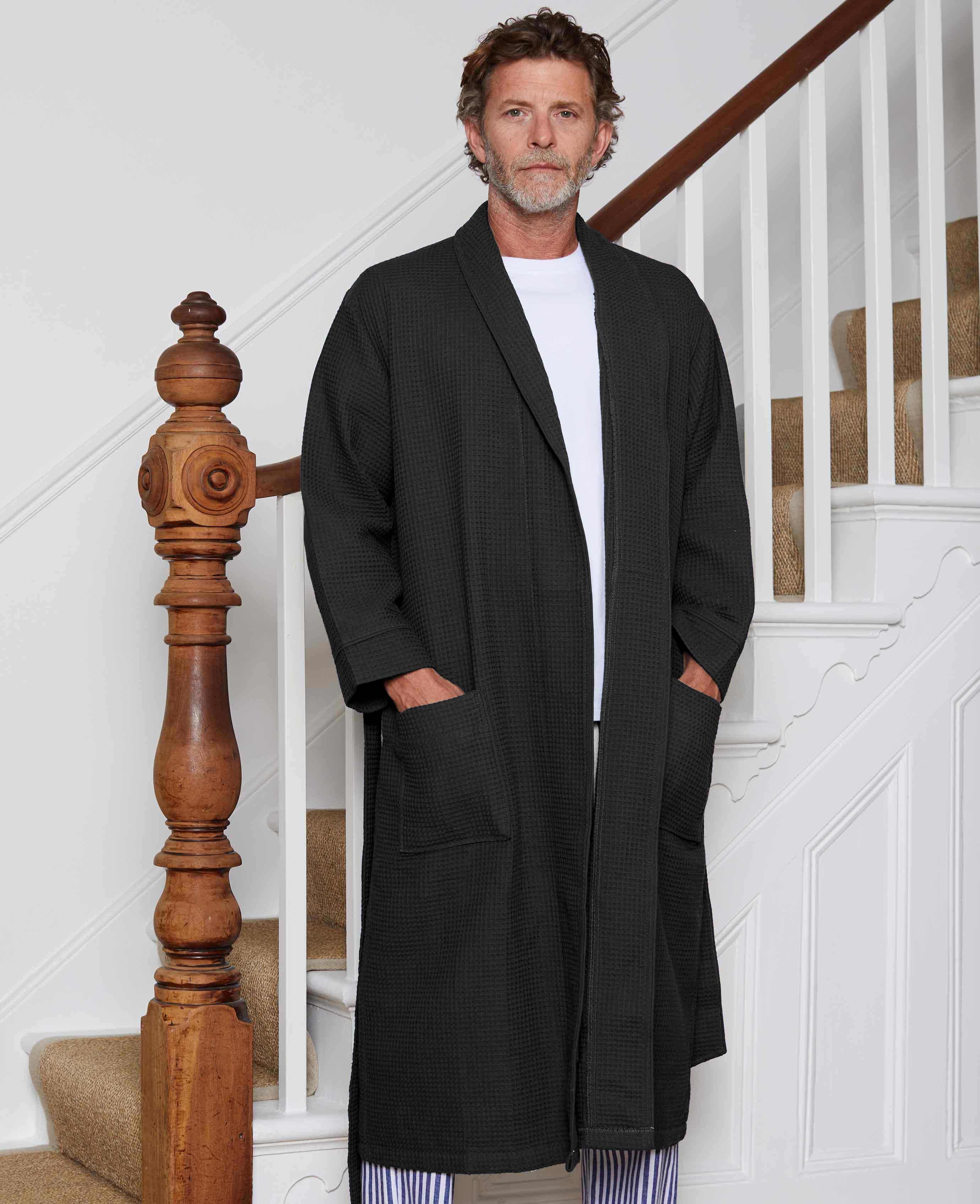 Men :: Robes :: Waffle Robes :: 100% Turkish Cotton Black Waffle Kimono Robe  - Wholesale bathrobes, Spa robes, Kids robes, Cotton robes, Spa Slippers,  Wholesale Towels
