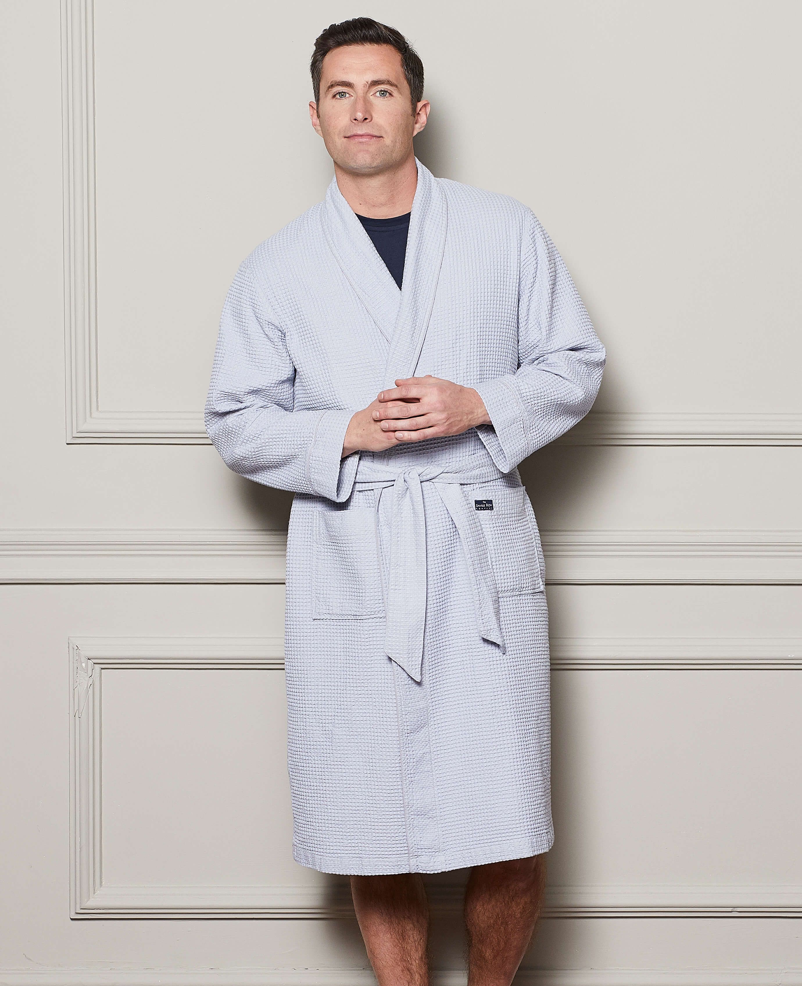Men's Grey Cotton Waffle Dressing Gown With Piping | Savile Row Co