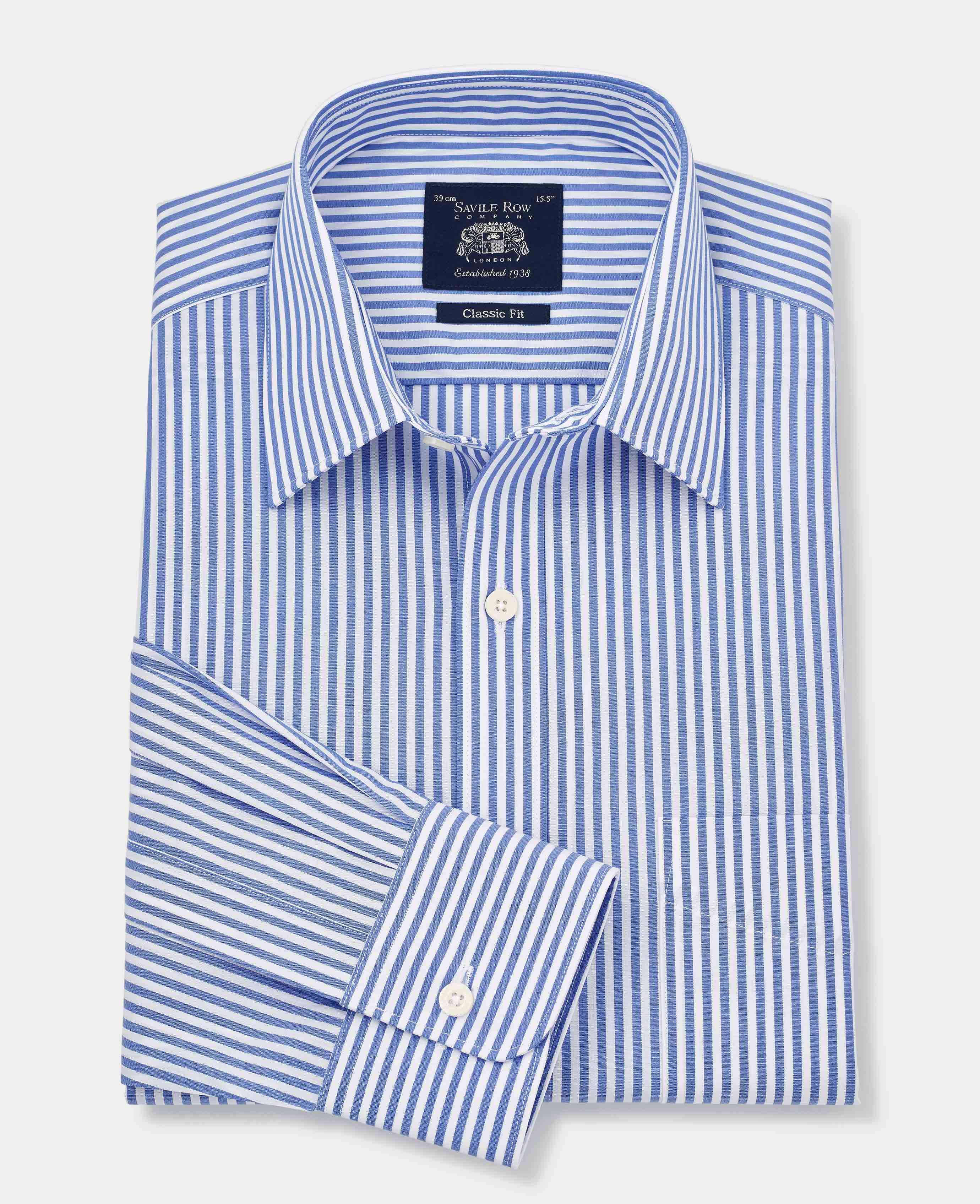 Men's Blue Classic Fit Striped Formal Shirt With Single Cuffs | Savile ...