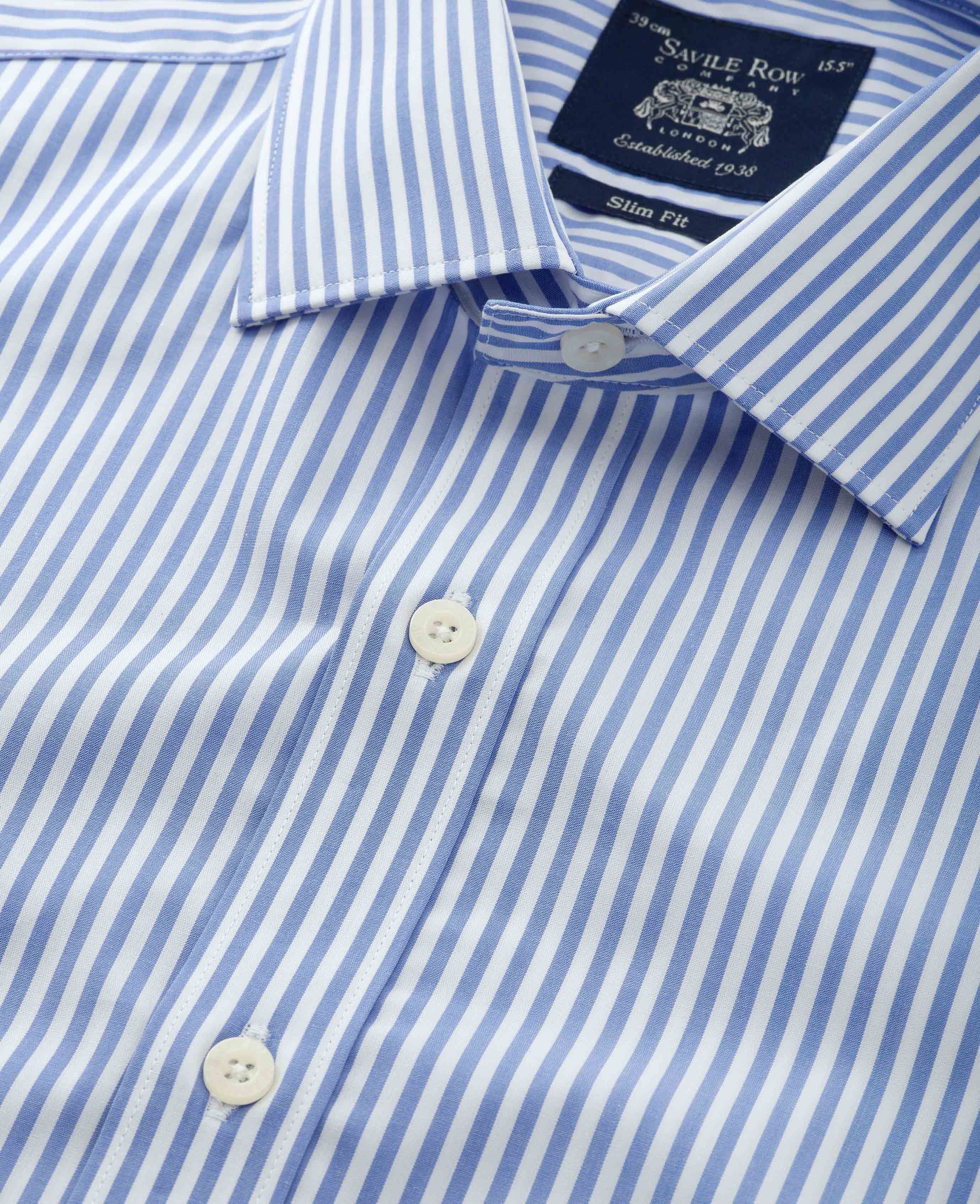 Men's Blue Slim Fit Striped Formal Shirt With Single Cuffs | Savile Row Co