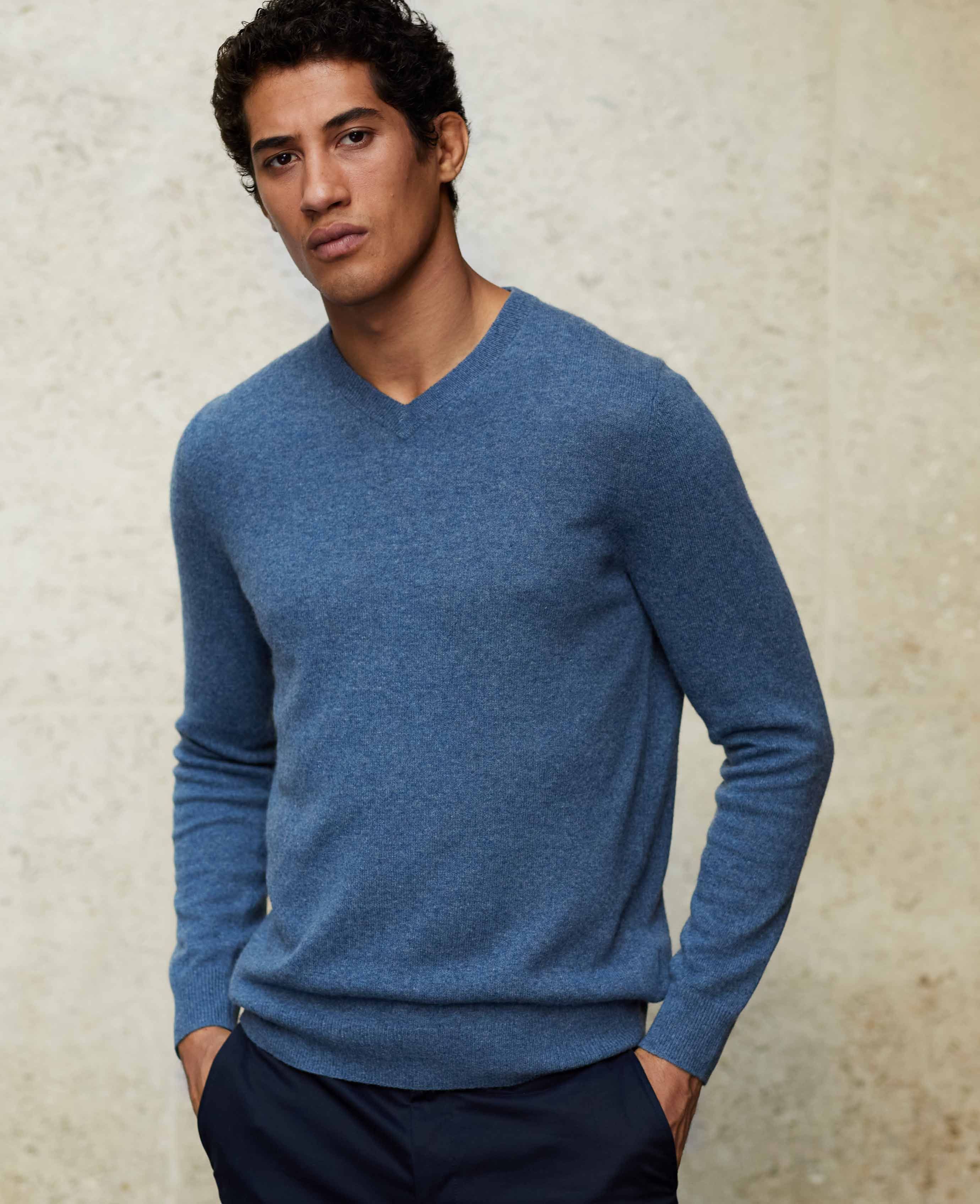 Men’s Wool Cashmere V-Neck Jumper in Blue | Savile Row Co