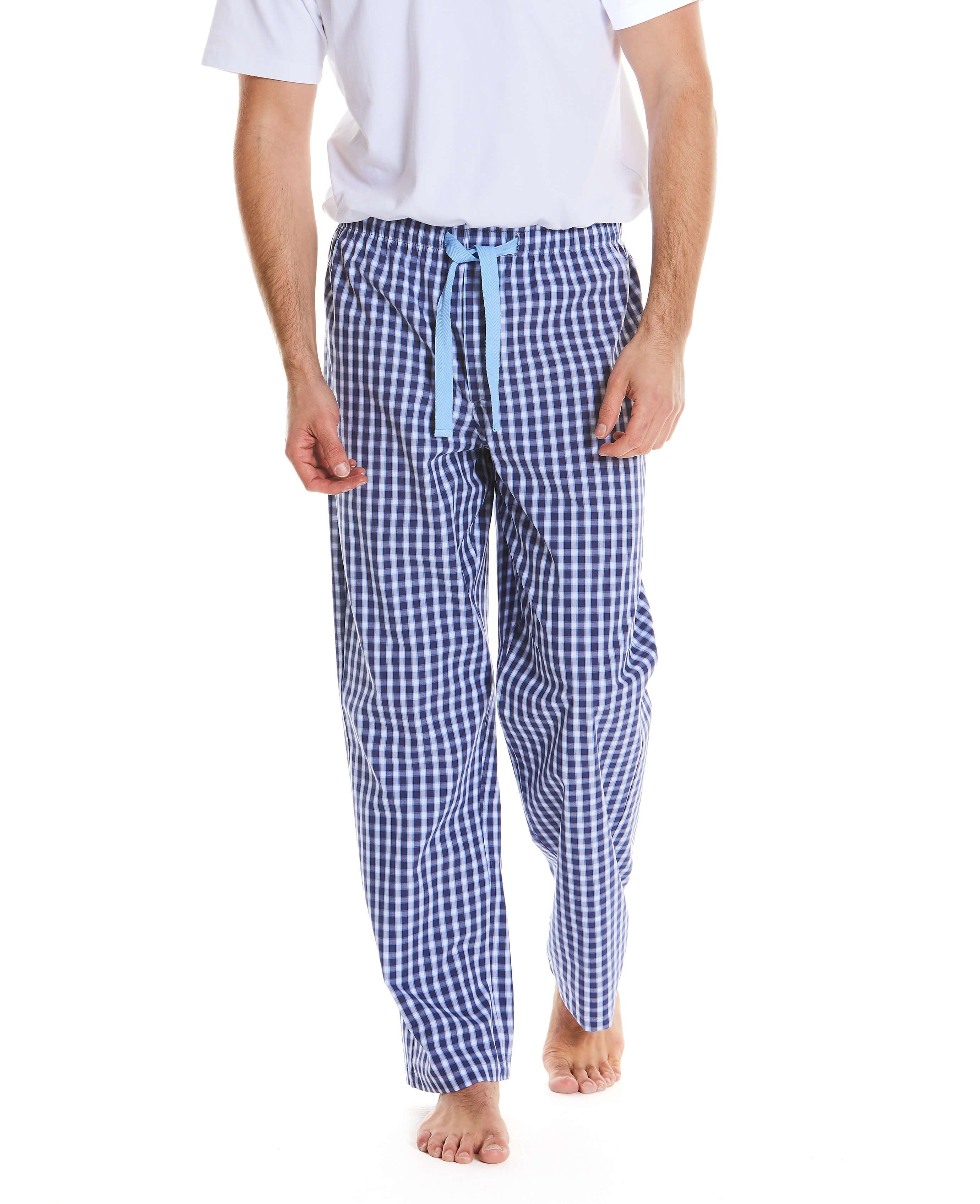 Men’s navy, white and sky blue checked lounge pants | Savile Row Co