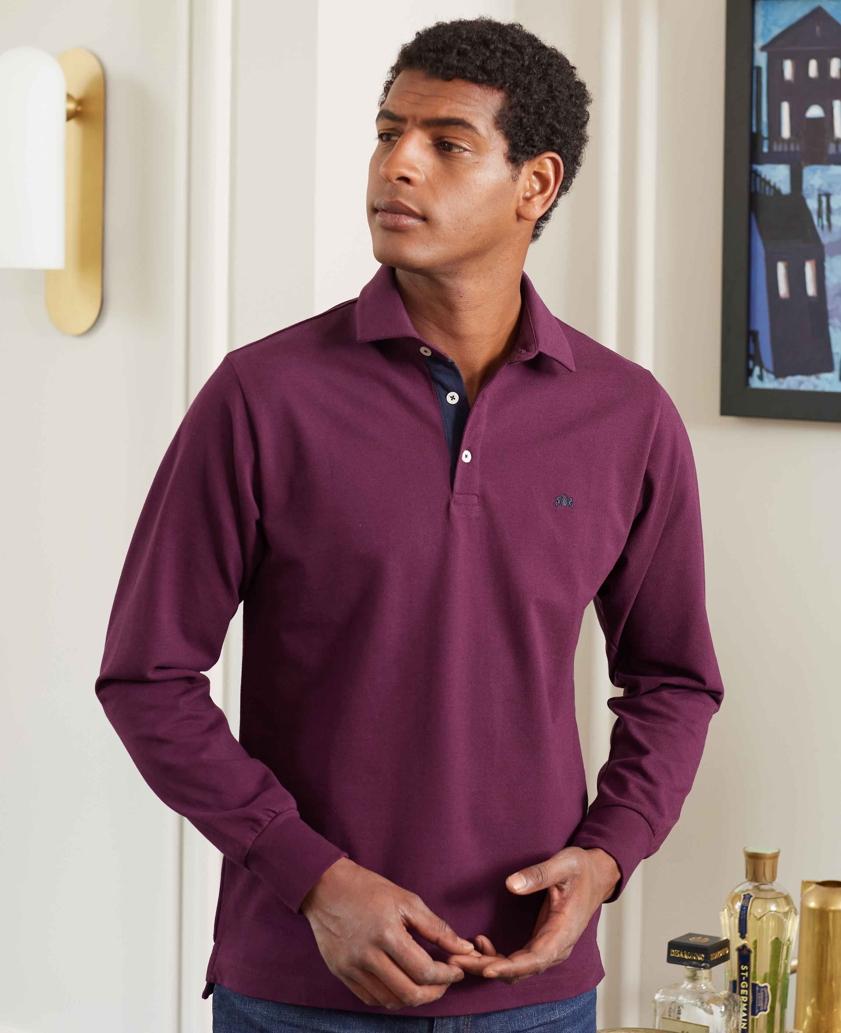 Long Sleeve Polo Shirt Plain 2 Button Collared Top Pique Cotton Mix Casual  Wear