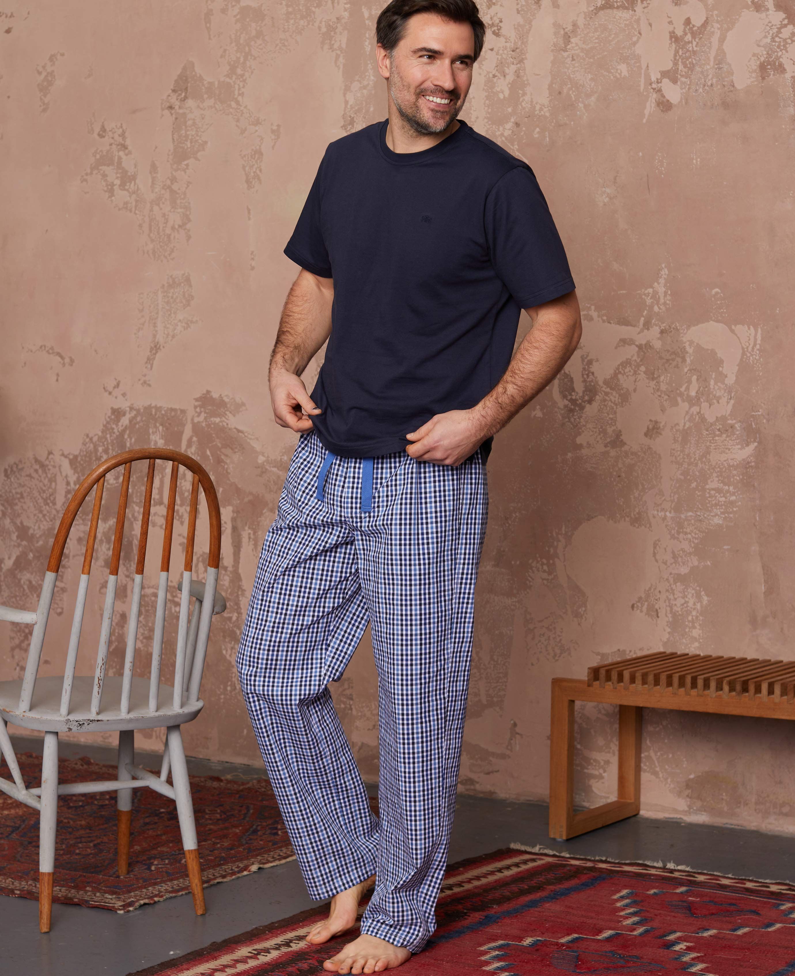 Mens Blue Check Cotton Trouser, Formal Wear, Chinos