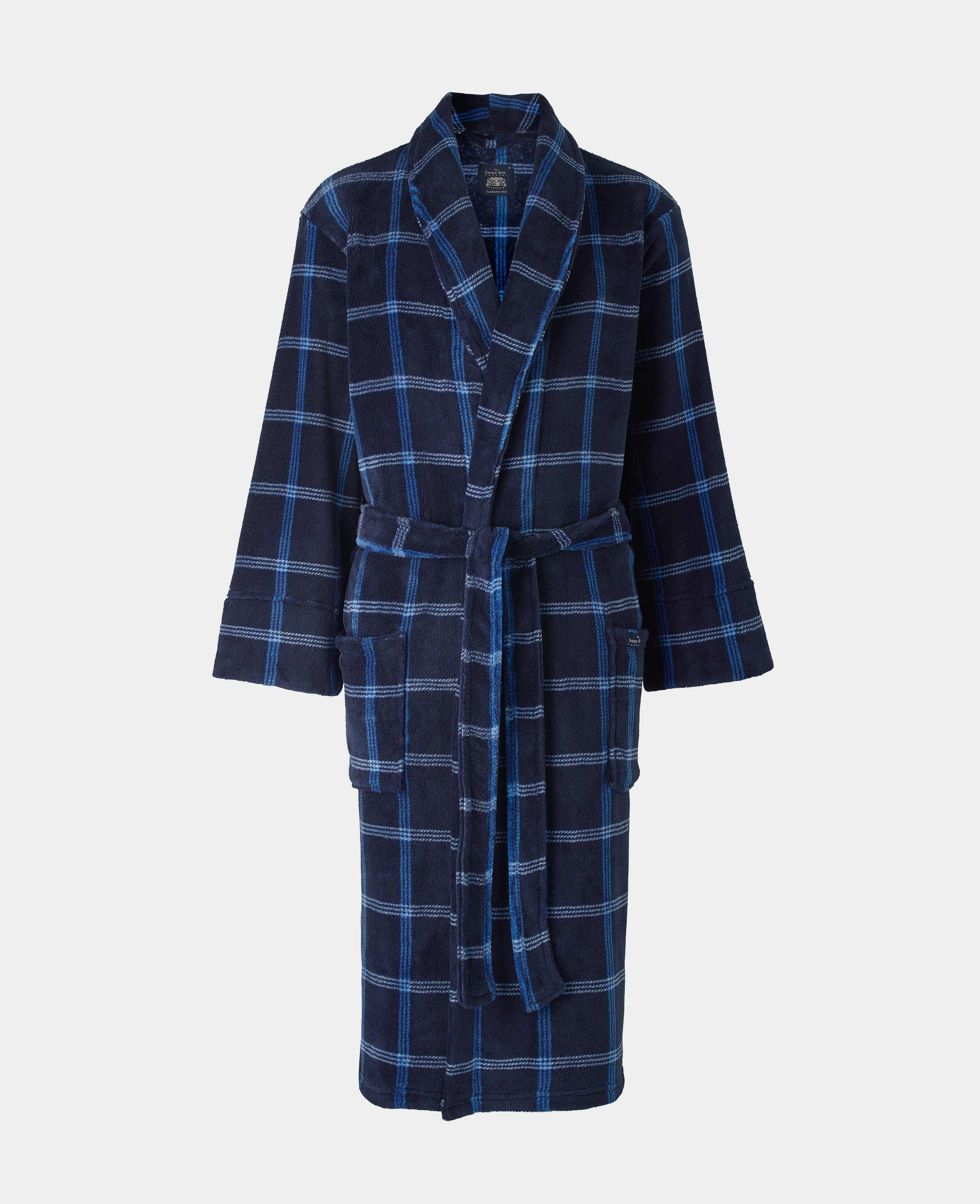 Mens Fleece Dressing Gown In Blue Check | Savile Row Co