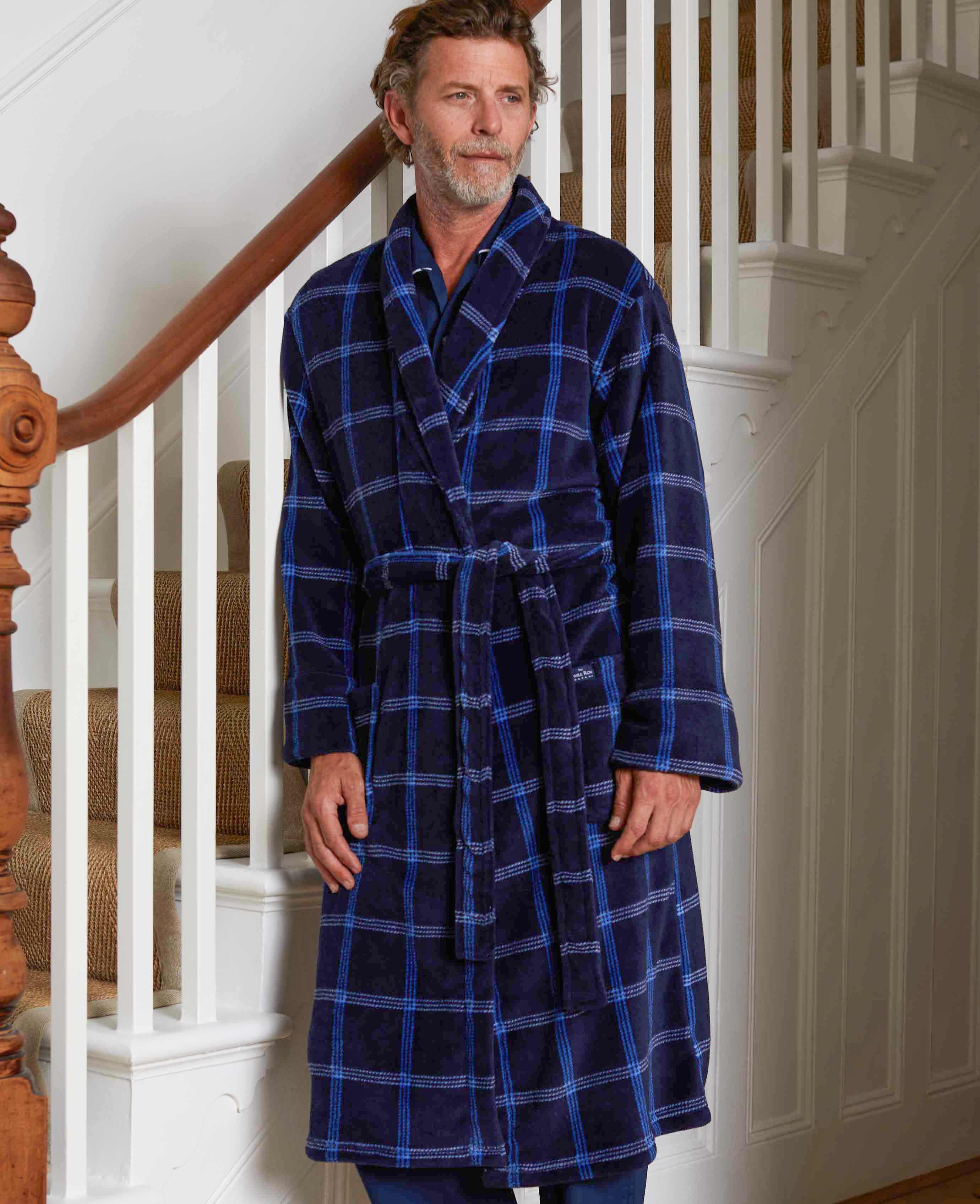Men's Fleece Dressing Gown in Blue Check | Savile Row Co