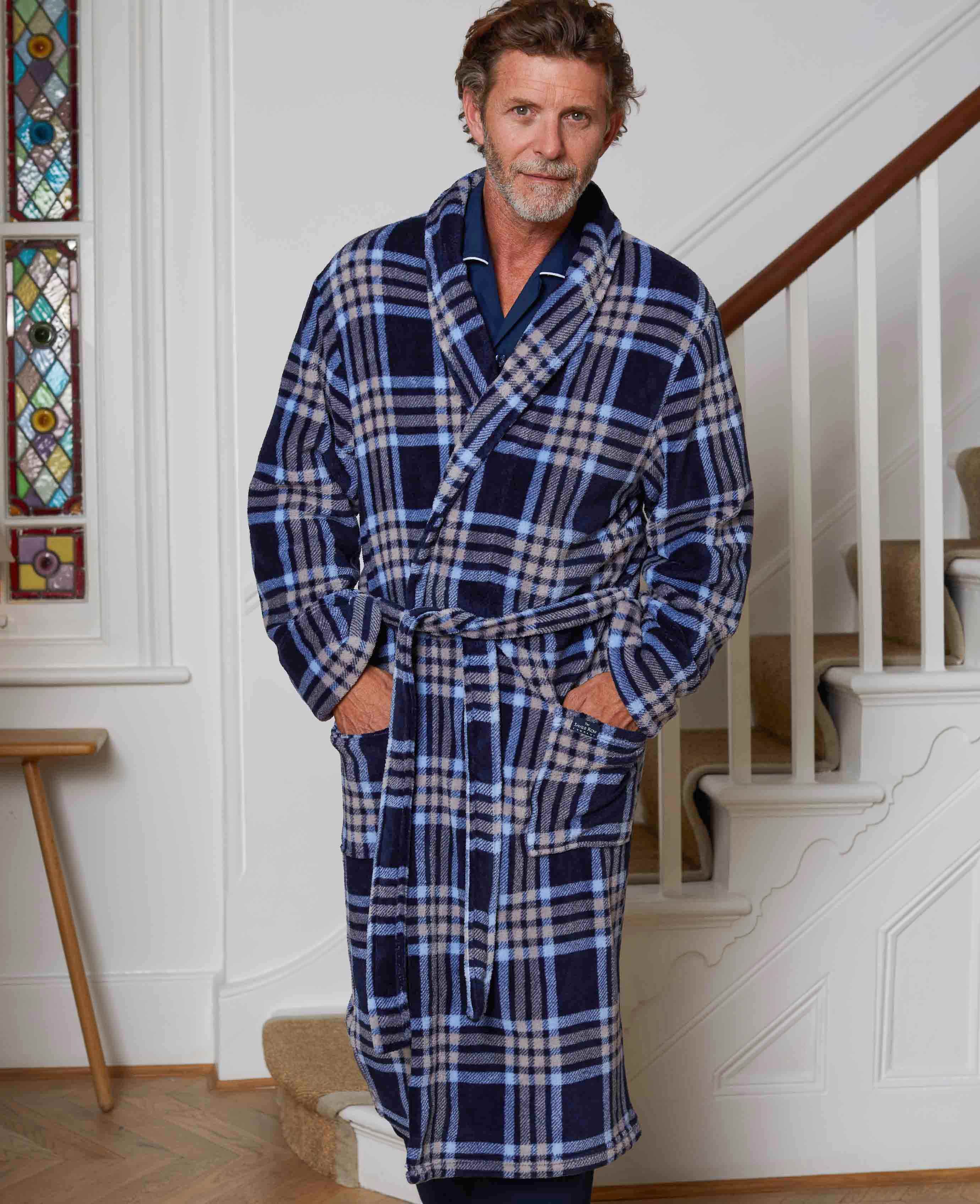 Men s Fleece Dressing Gown in Multi Check | Savile Row Co