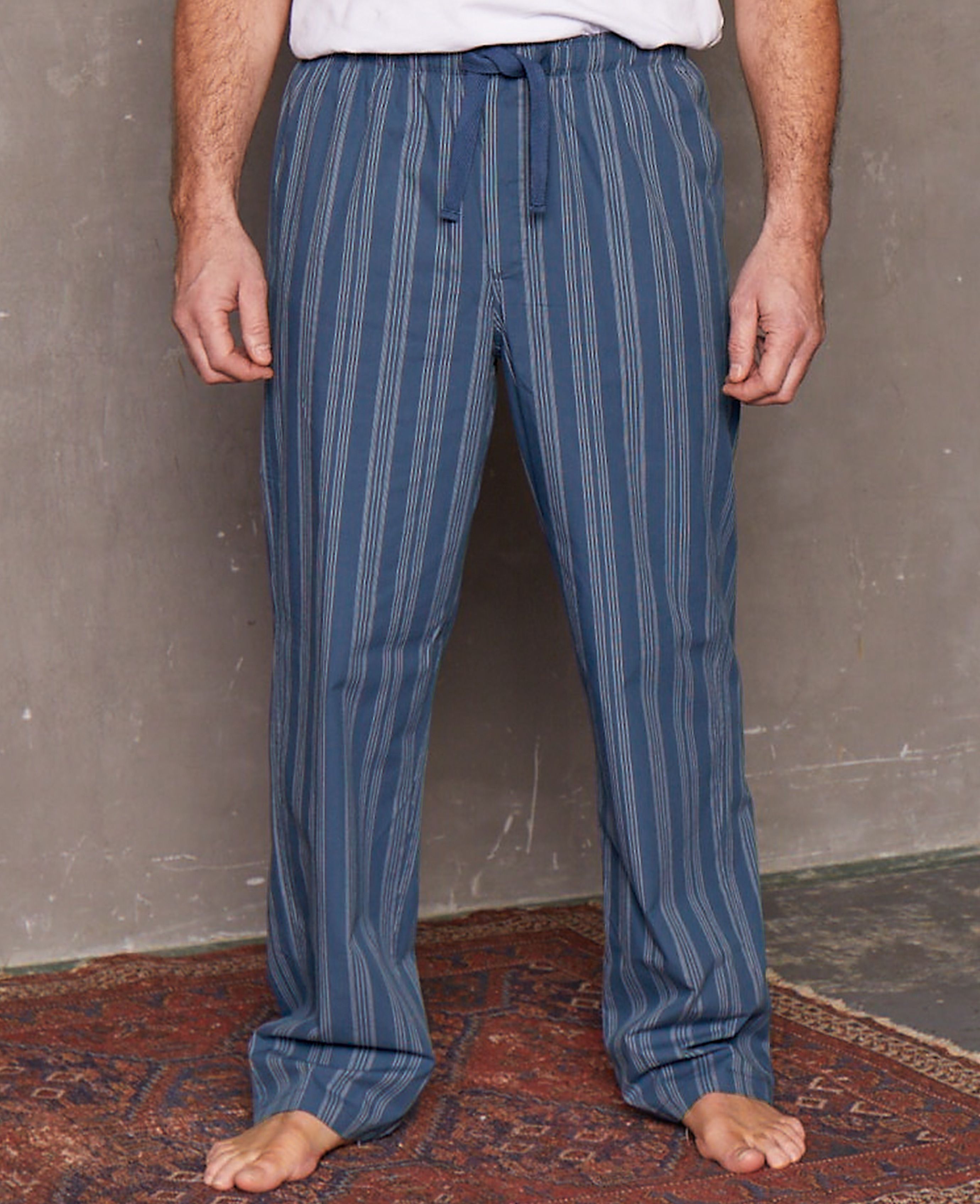 Men’s Cotton Lounge Pants in Navy Fine Stripe | Savile Row Co