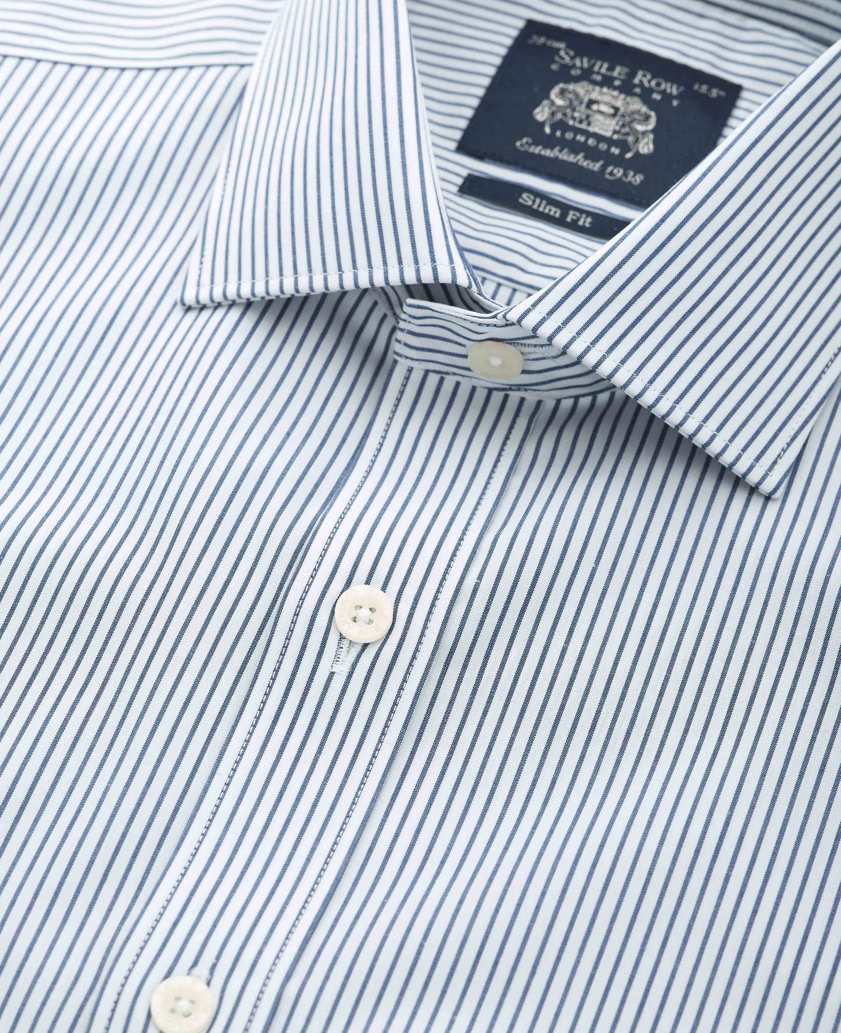 Men's Navy Slim Fit Fine Stripe Formal Shirt With Single Cuffs | Savile ...