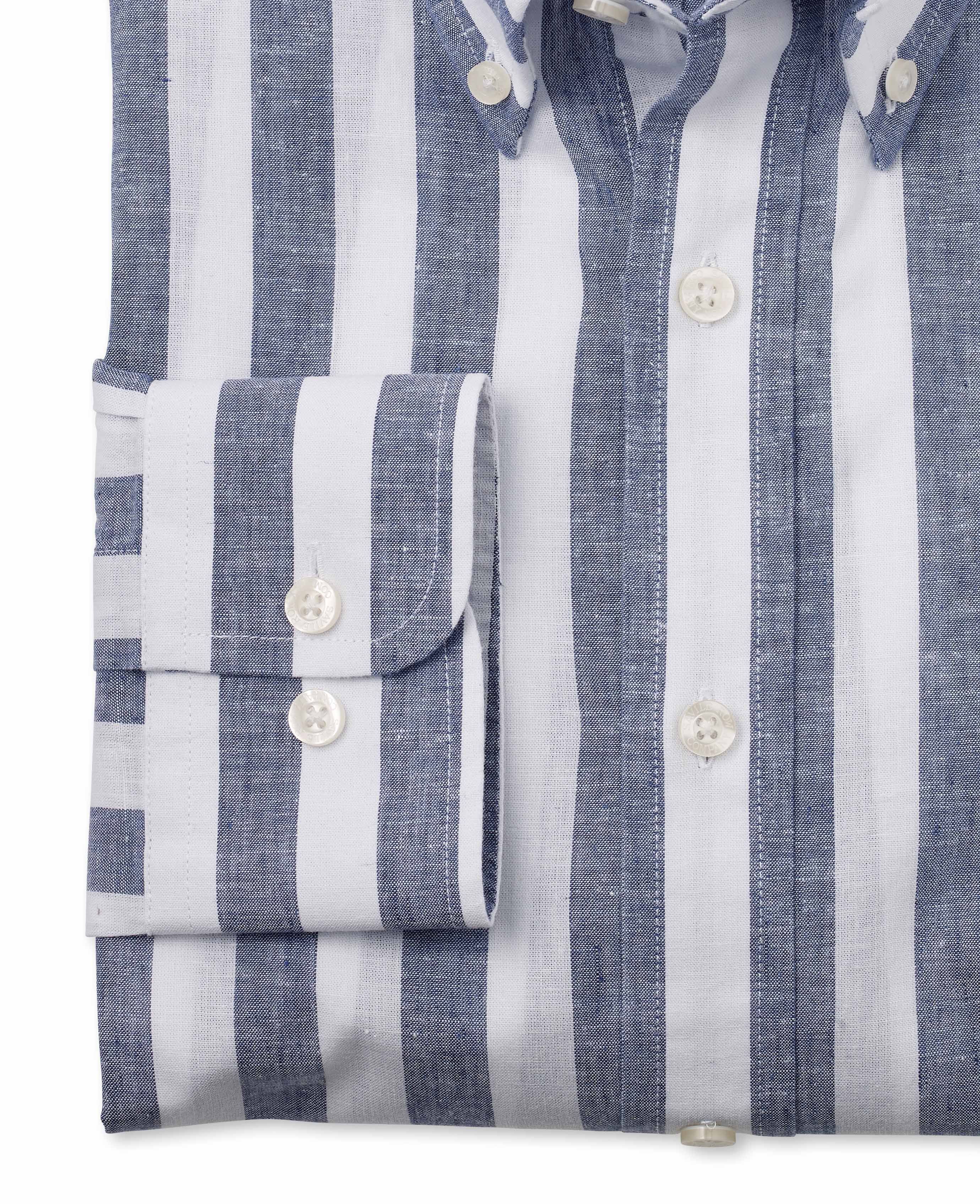 Navy White Wide Stripe Linen-Blend Slim Fit Button-Down Casual Shirt