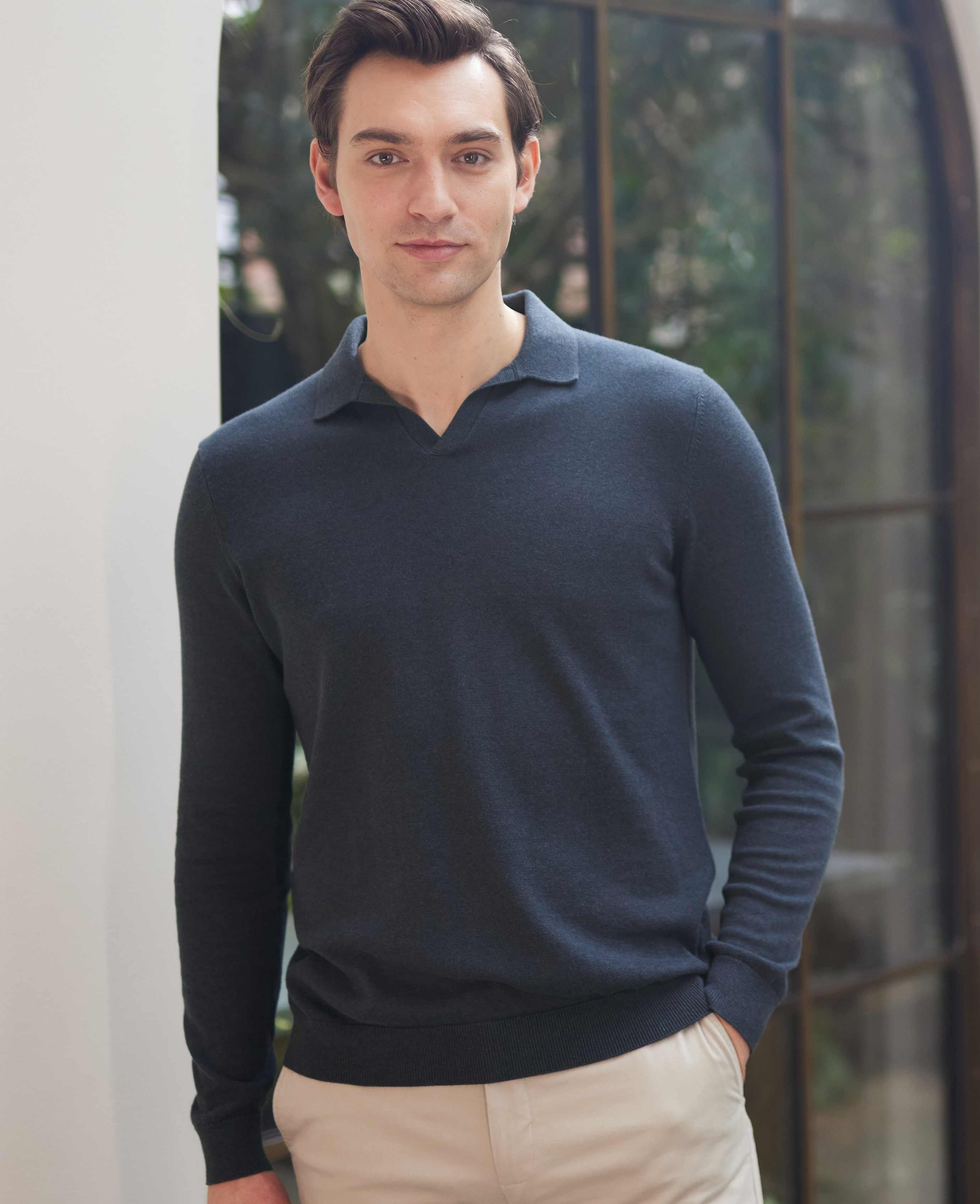 Men's Washed Navy Open Collar Knit Polo | Savile Row Co