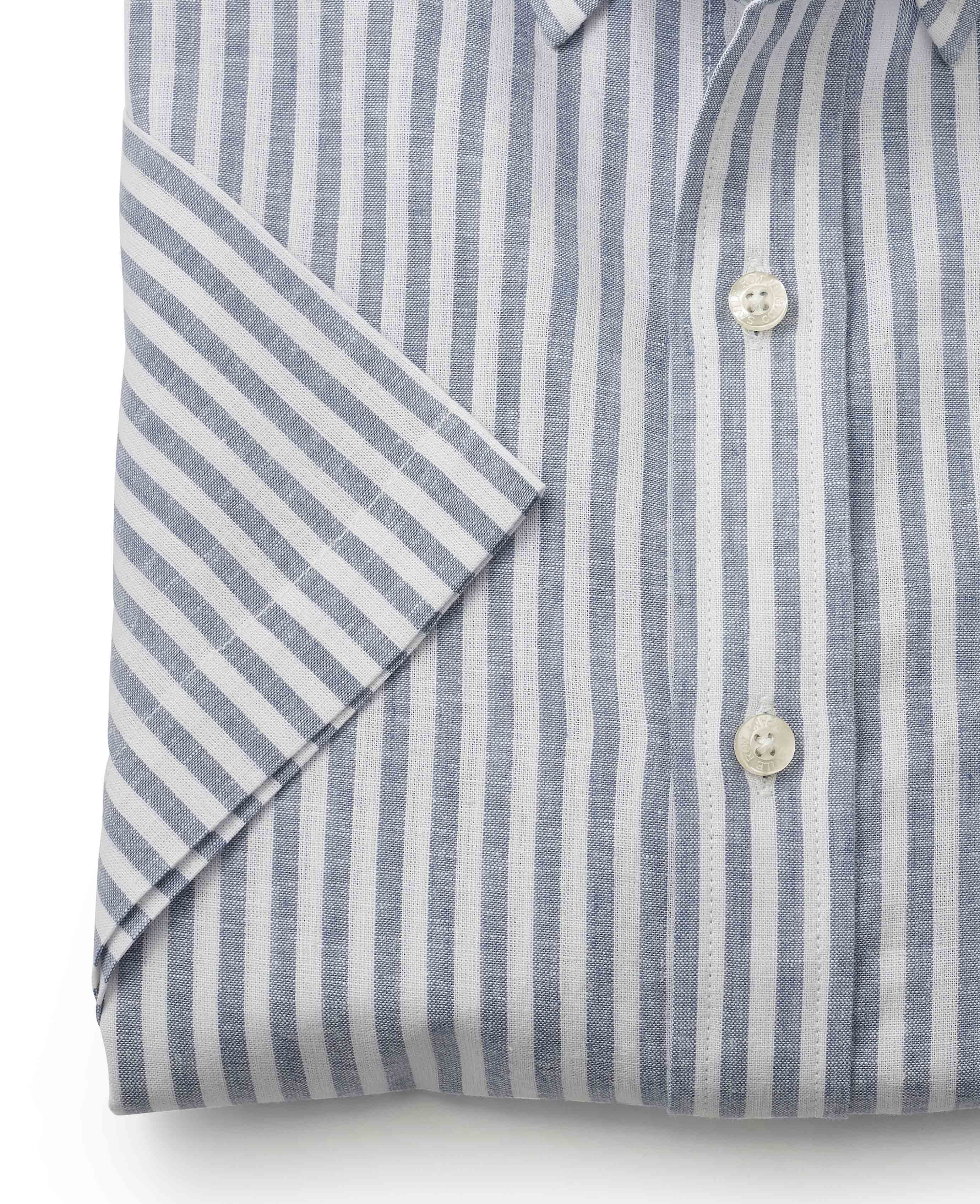 Men's Blue Stripe Linen-Blend Short Sleeve Casual Shirt | Savile Row Co