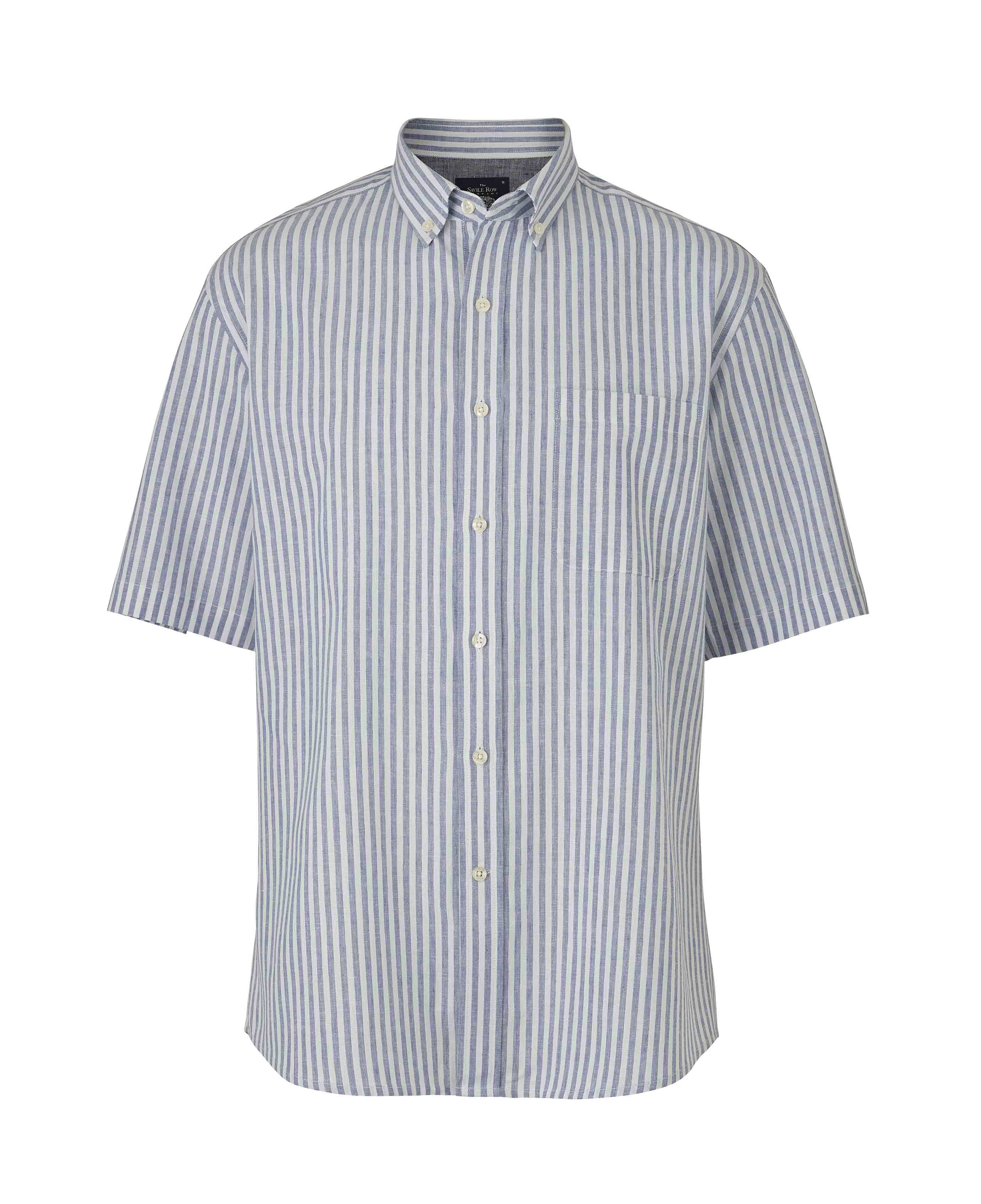 Men’s Blue Stripe Linen-Blend Short Sleeve Shirt | Savile Row Co