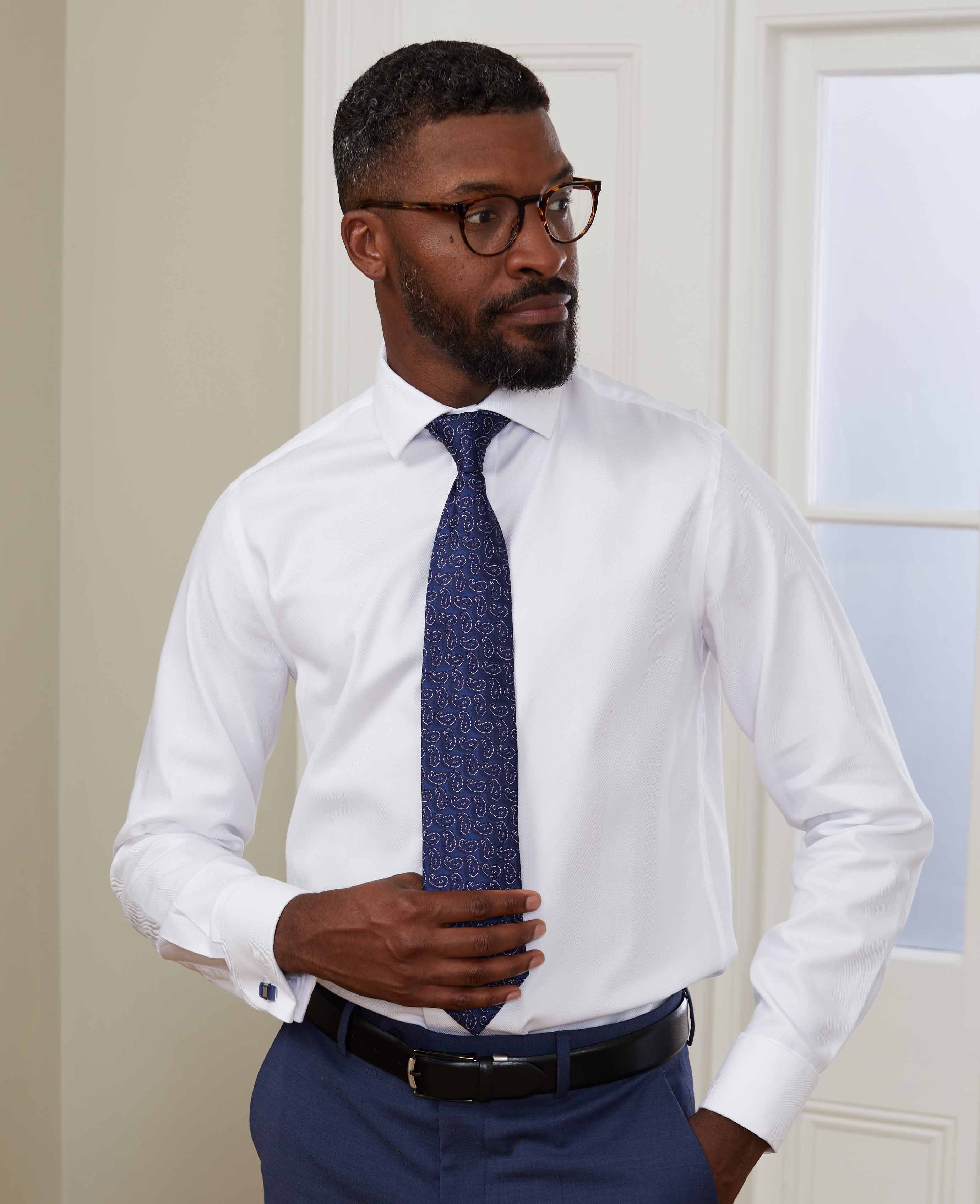 Men’S Herringbone Slim Fit Shirt In White | Savile Row Co