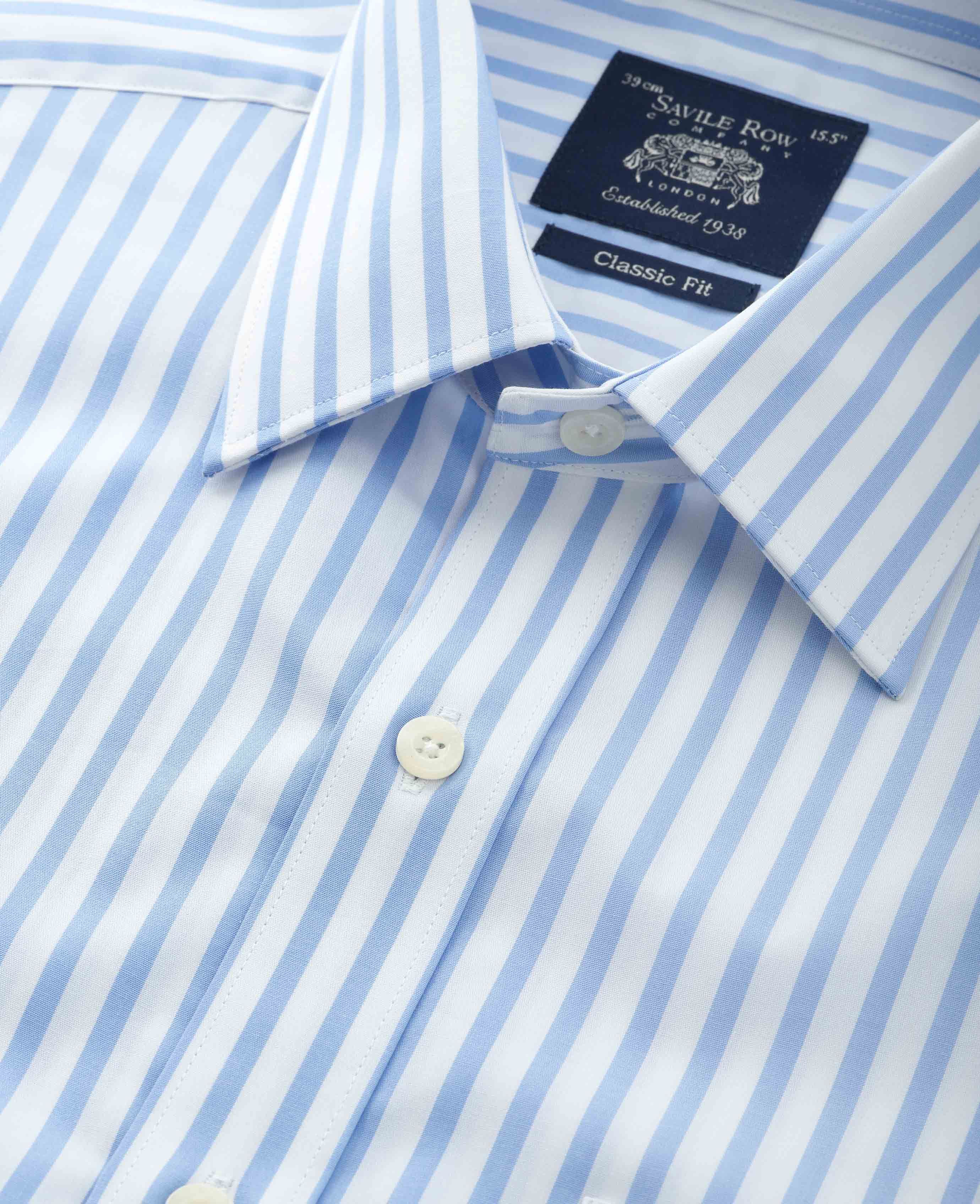 Men’s Classic Fit Short Sleeve Stripe Shirt in Blue | Savile Row Co
