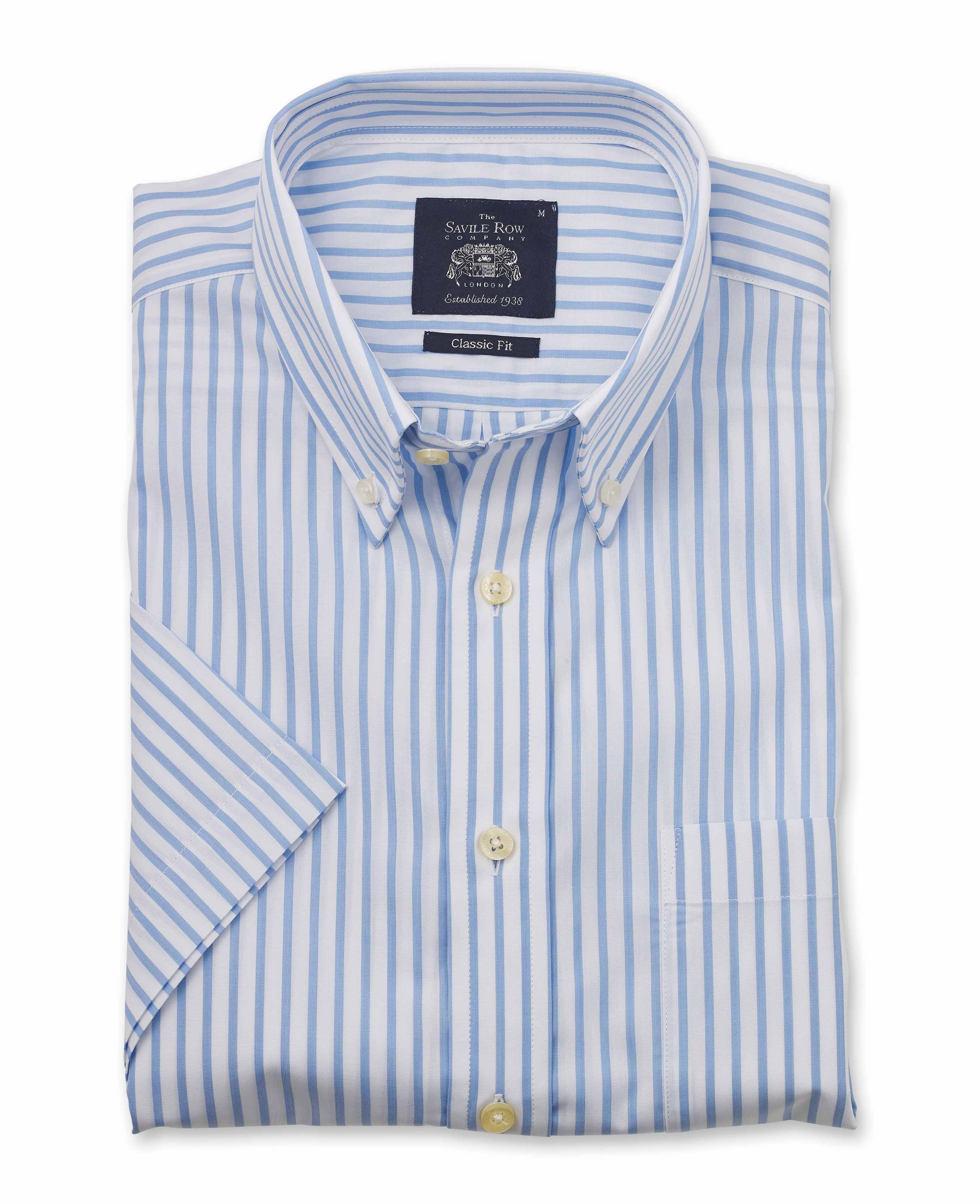 White & Sky Blue Stripe Classic Fit Short Sleeve Shirt | Savile Row Co