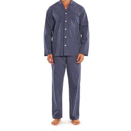 Men's Navy, Green And Blue Striped Cotton Pyjamas | Savile Row Co