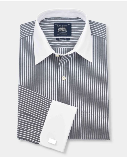 Black White Stripe Classic Fit Formal Shirt With White Collar & Cuffs - Double Cuff