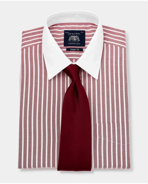 Dark Red White Stripe Classic Fit Shirt With White Collar & Cuffs - Double Cuff