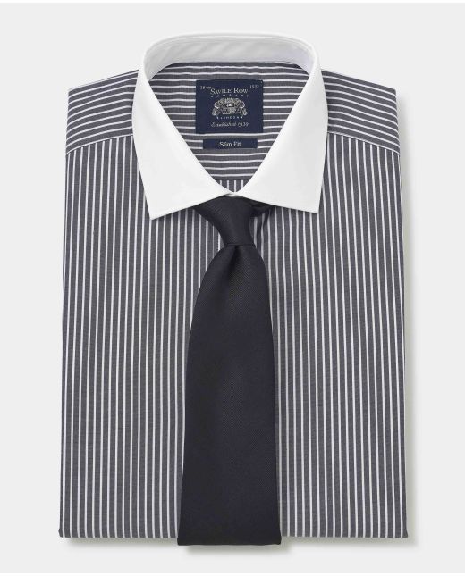 Dark Navy Reverse Stripe Slim Fit Formal Shirt - White Double cuffs & Collar