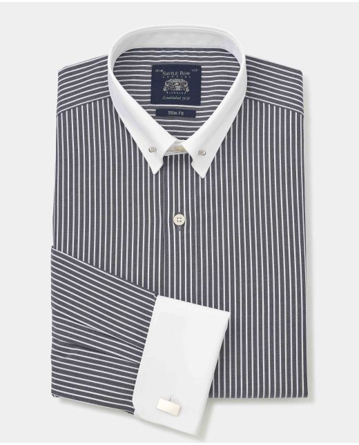 Dark Navy Reverse Stripe Slim Fit Pin Collar Formal Shirt - White Double cuffs & Collar