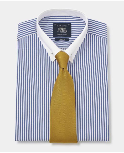 Blue Bengal Stripe Slim Fit Pin Collar Formal Shirt - White Double cuffs & Collar